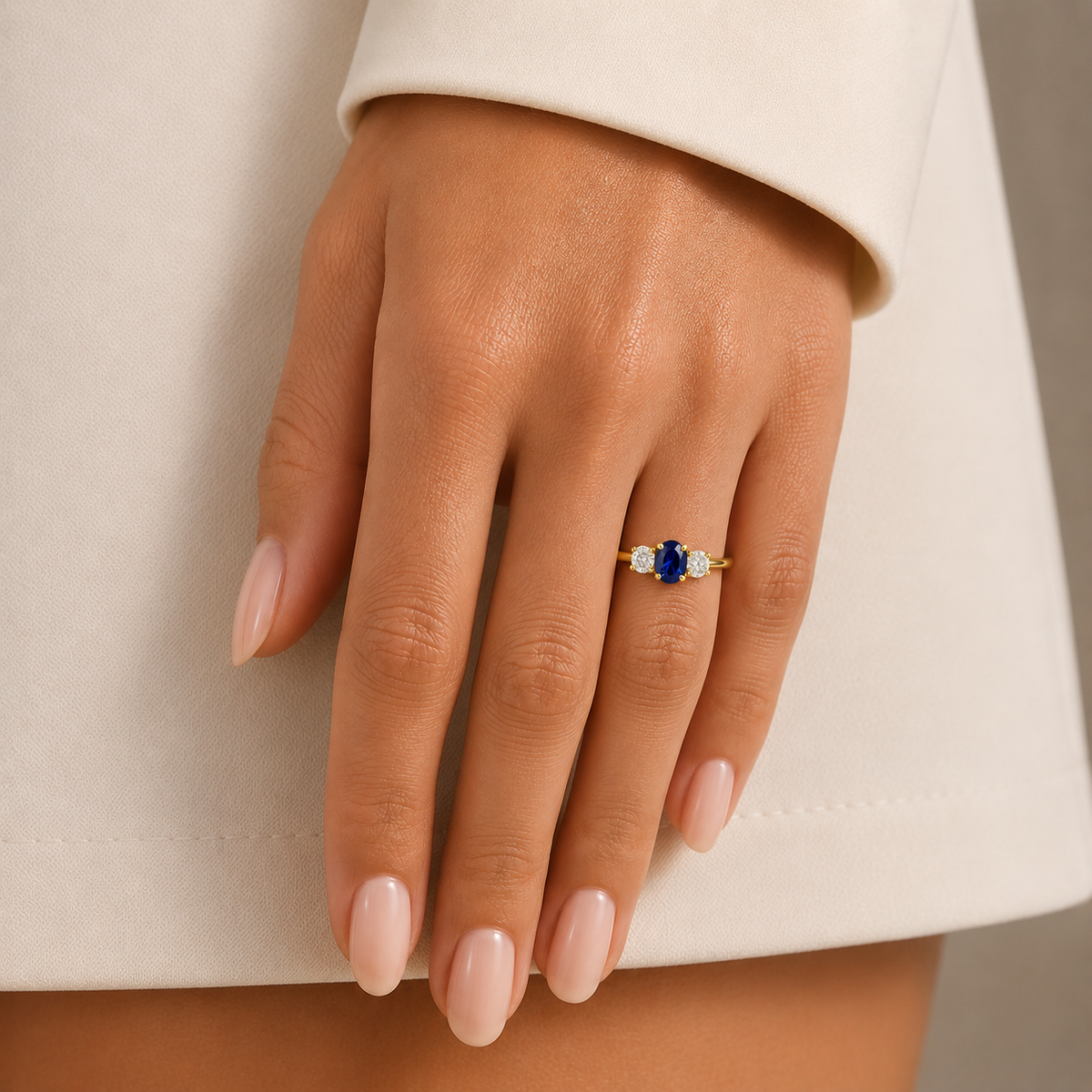 Boble Blue Sapphire Oval & Diamond Three-Stone Ring in Gold