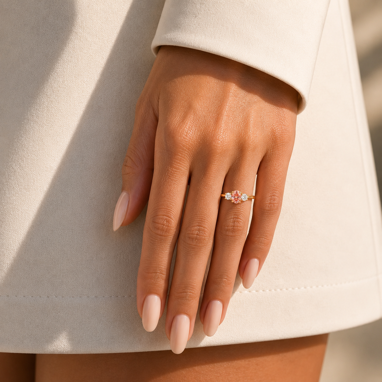 Boble Padparadscha Sapphire Oval & Diamond Three-Stone Ring in Gold