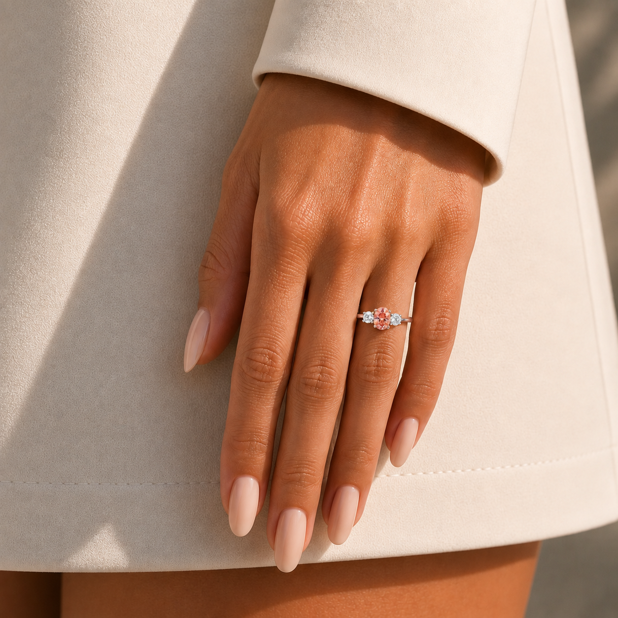 Boble Padparadscha Sapphire Oval & Diamond Three-Stone Ring in White Gold
