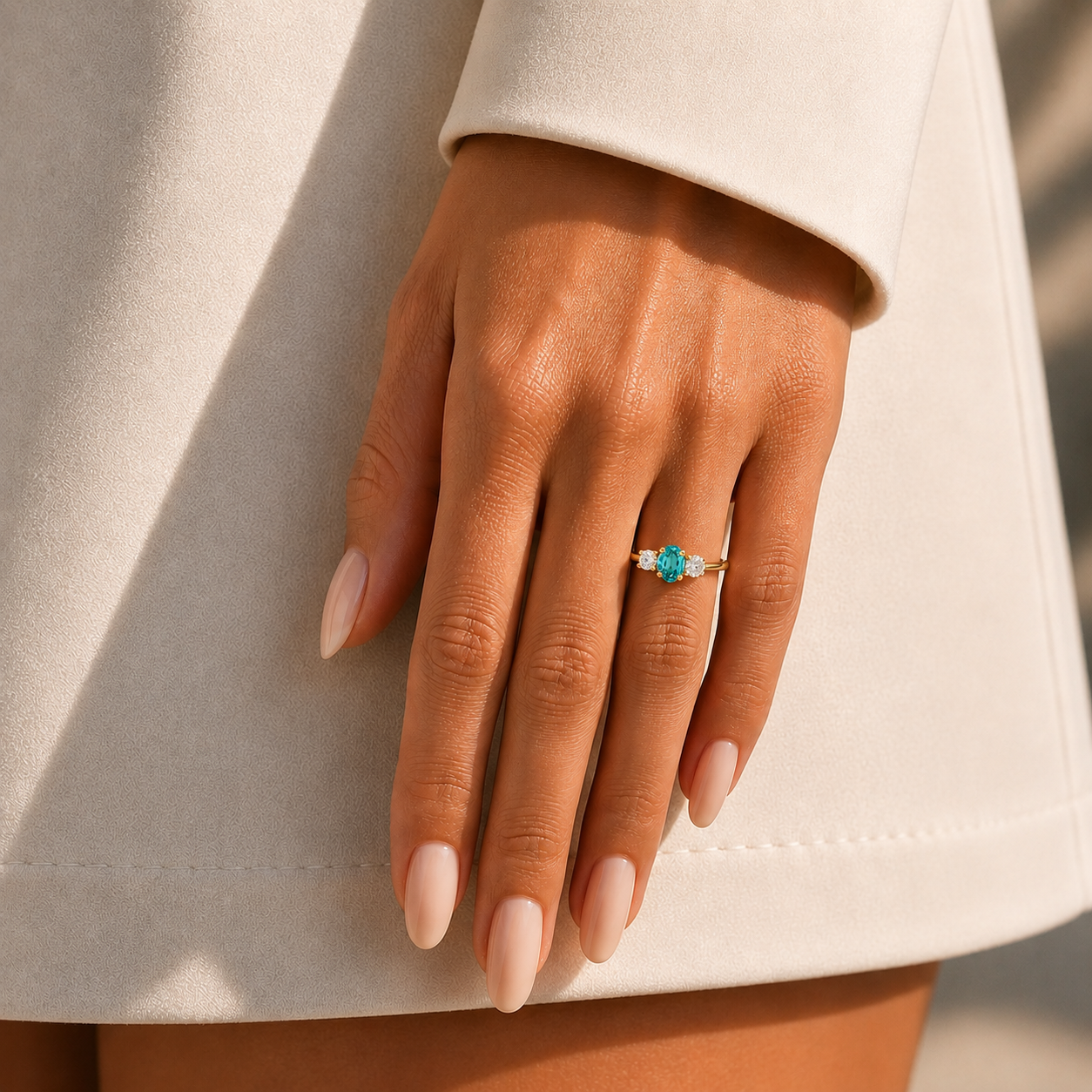 Boble Paraiba Oval & Diamond Three-Stone Ring in Gold