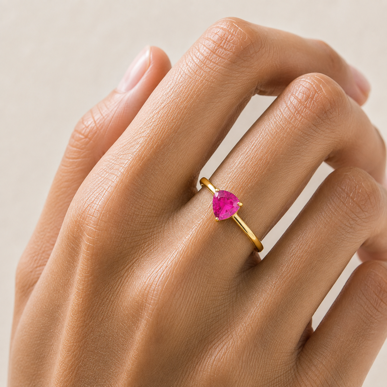 Trillion Vivid Pink Sapphire Solitaire Ring in Gold