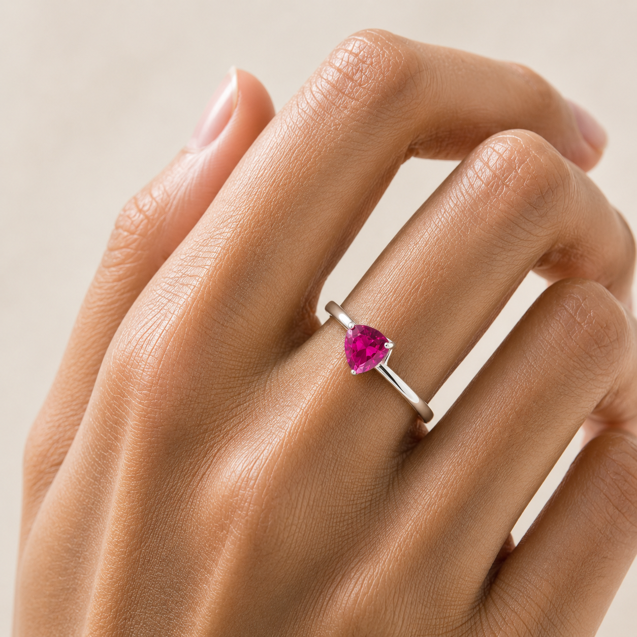 Trillion Vivid Pink Sapphire Solitaire Ring in White Gold