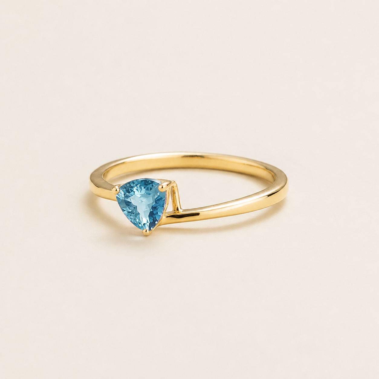 Trillion Aquamarine Solitaire Ring in Gold Angle View 