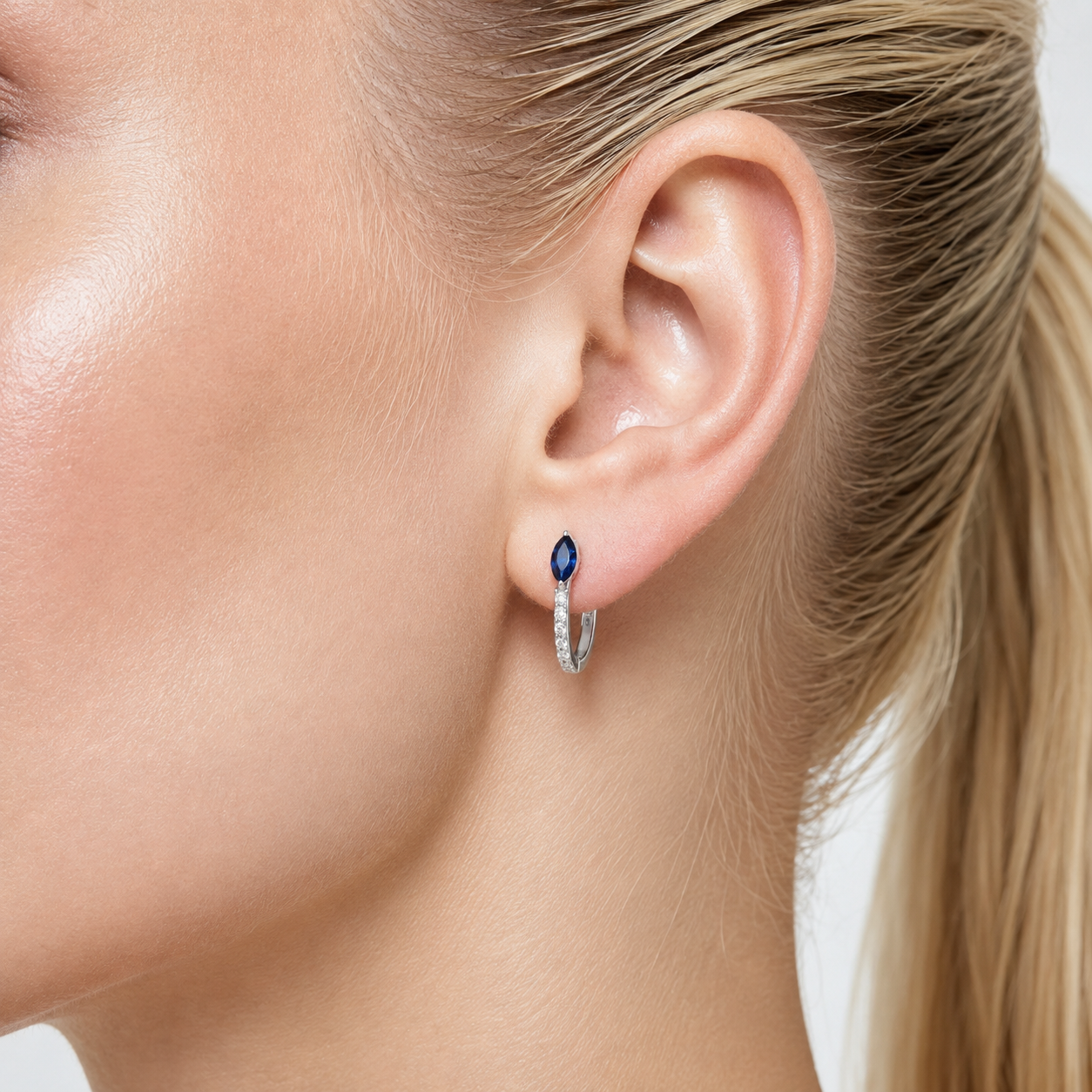 Sava Marquise Blue Sapphire & Diamond Huggie Hoop Earrings in White Gold