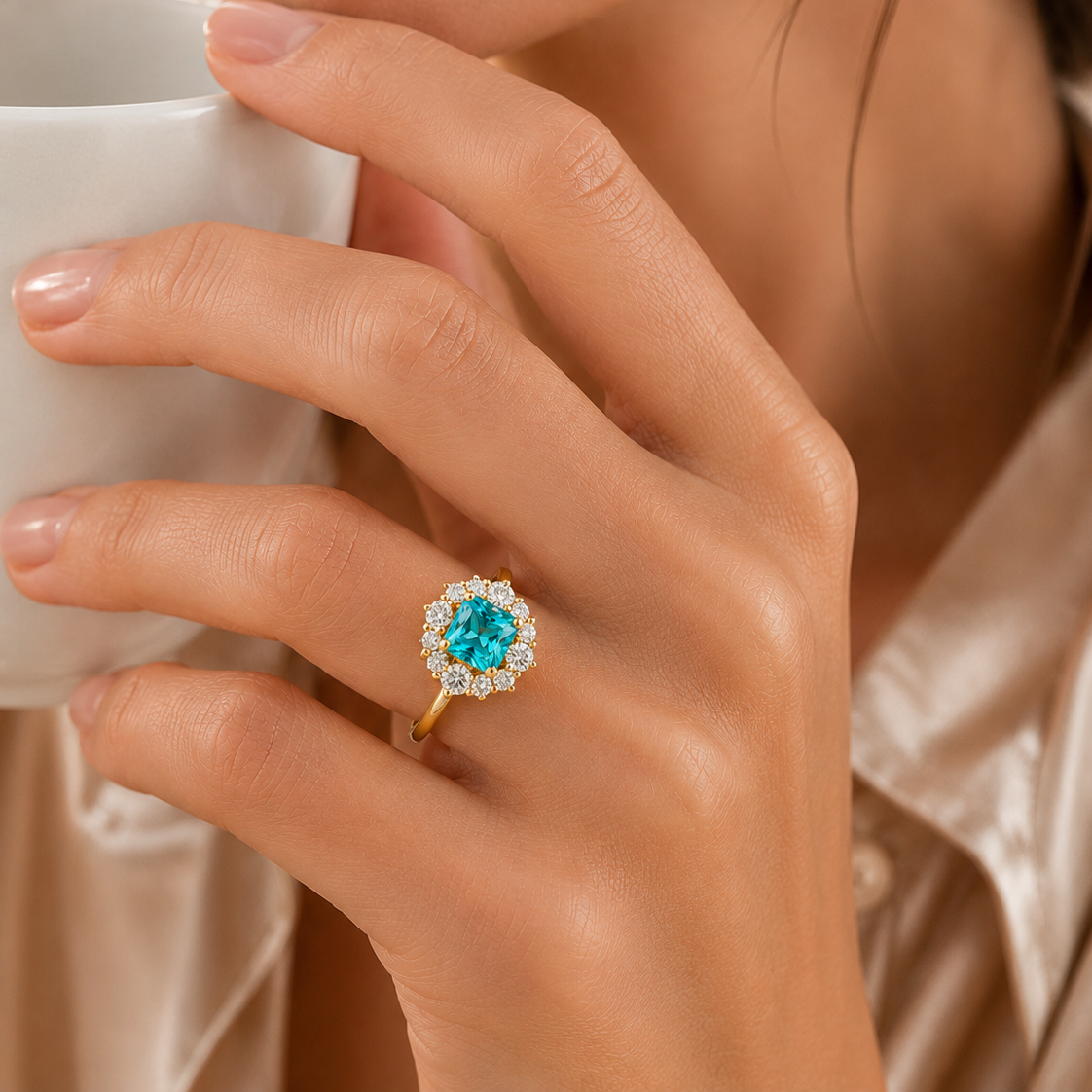 Tuli halo ring in gold set with Paraiba and Diamonds.