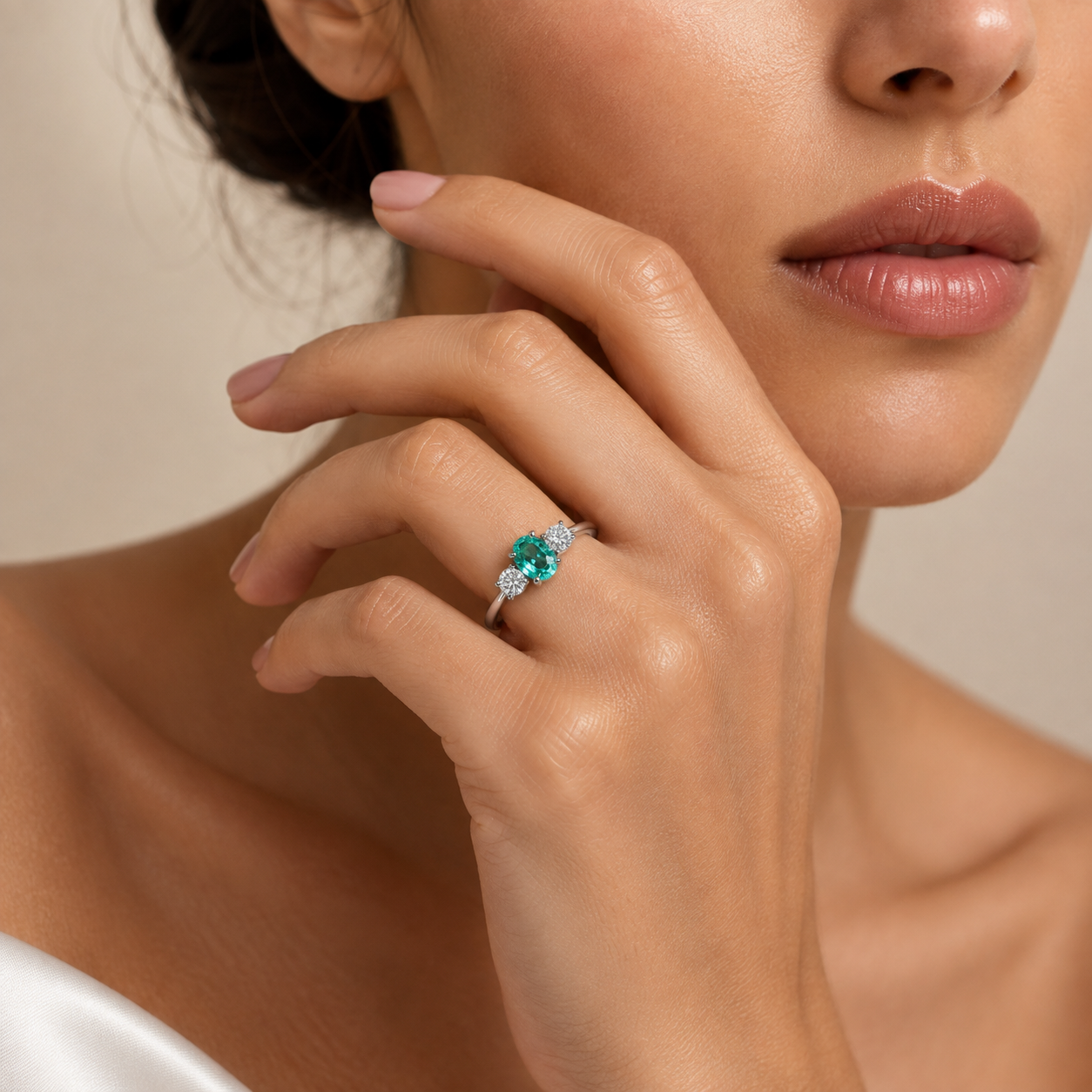 Boble Paraiba Oval & Diamond Three-Stone Ring in White Gold