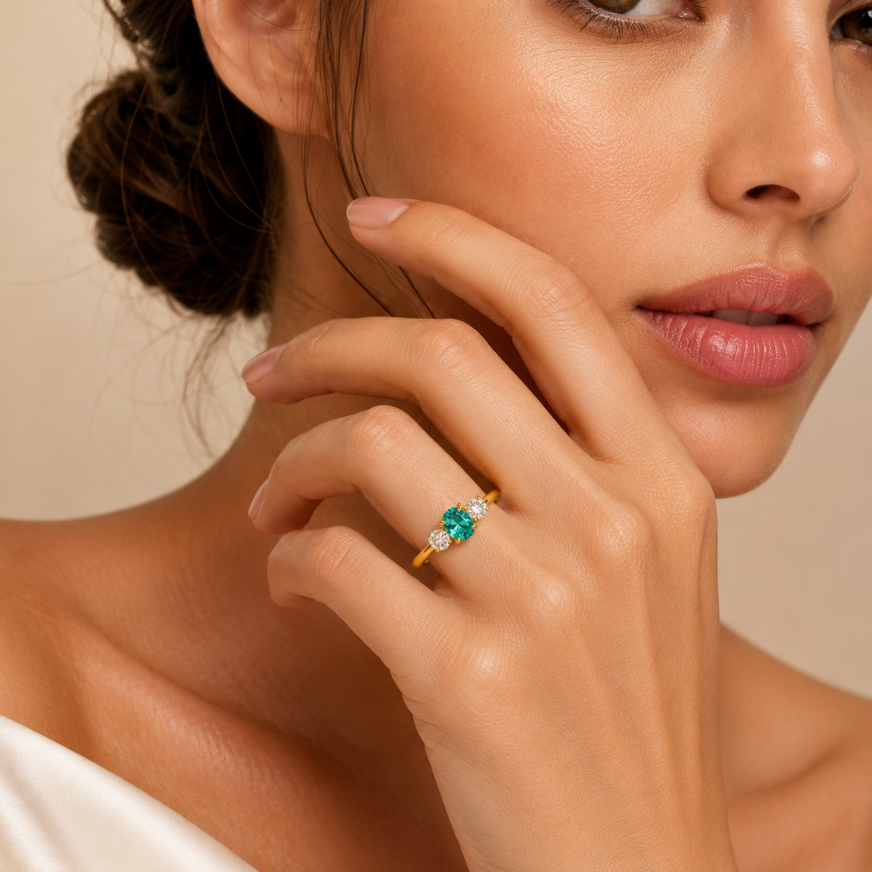 Boble Paraiba Oval & Diamond Three-Stone Ring in Gold