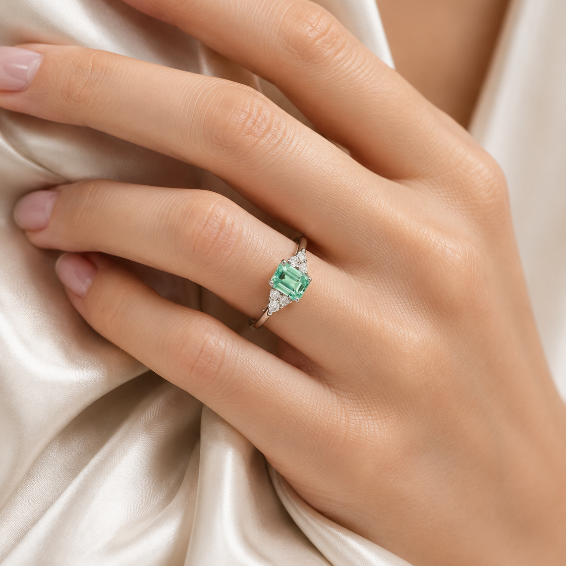 Chateau Green Sapphire Emerald-Cut & Diamond Ring in White Gold