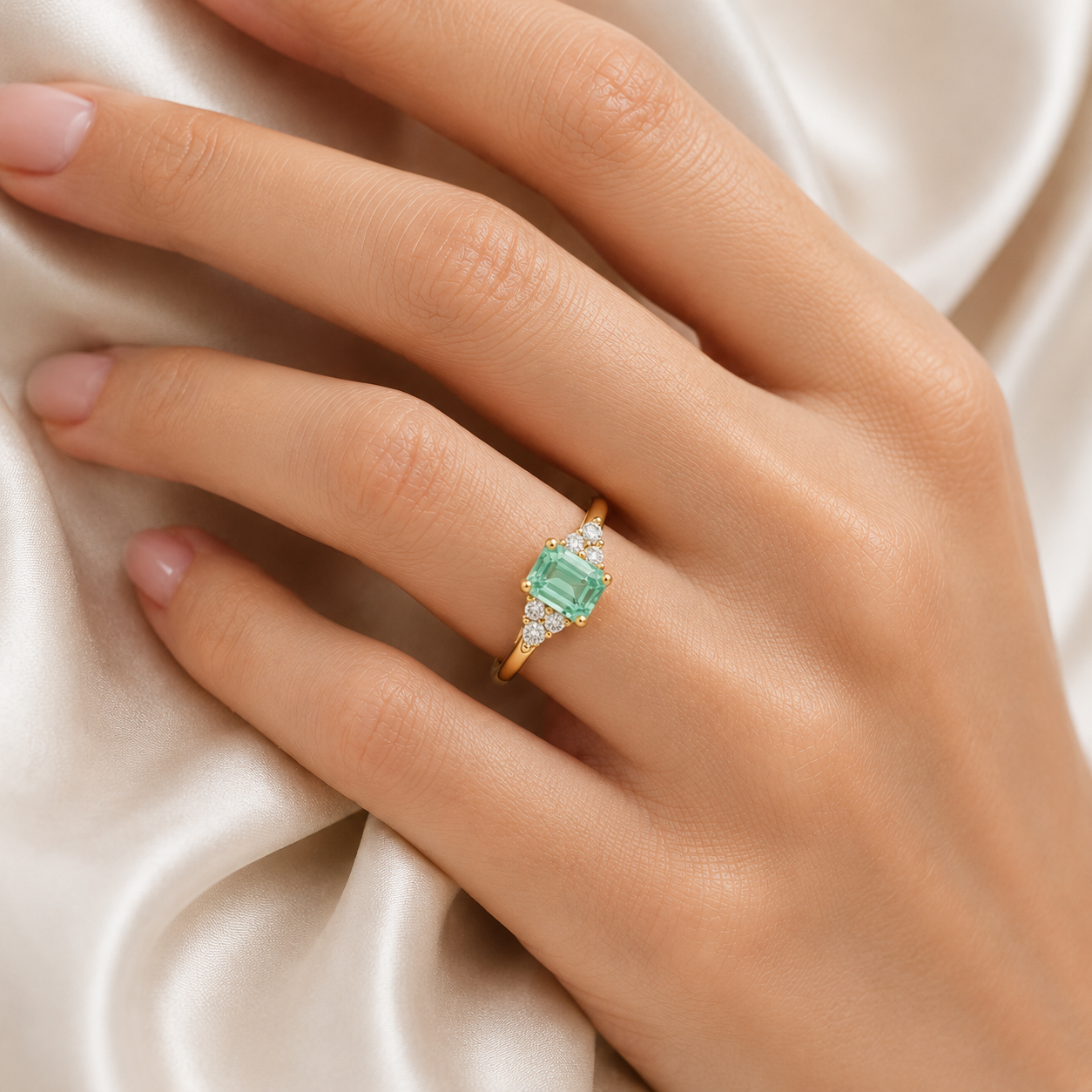 Chateau purple sapphire ring in white gold worn on a model's hand, Juvetti London