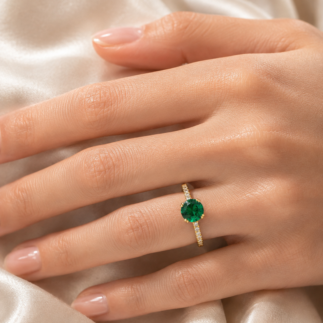 Soli Emerald Round & Diamond Pavé Ring in Gold