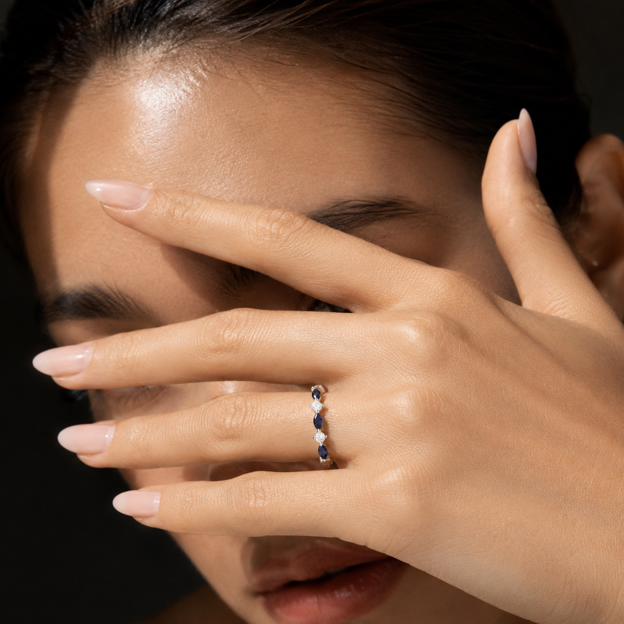 Marquise Blue Sapphire & Diamond Half Eternity Band White Gold Ring