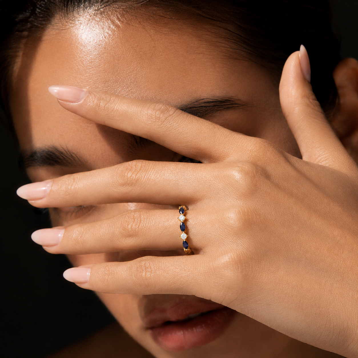 Marquise Blue Sapphire & Diamond Half Eternity Band Gold Ring
