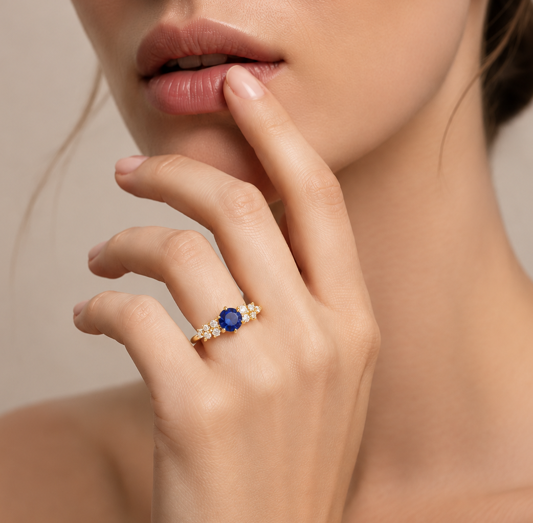Floret Blue Sapphire Round & Diamond Cluster Ring in Gold