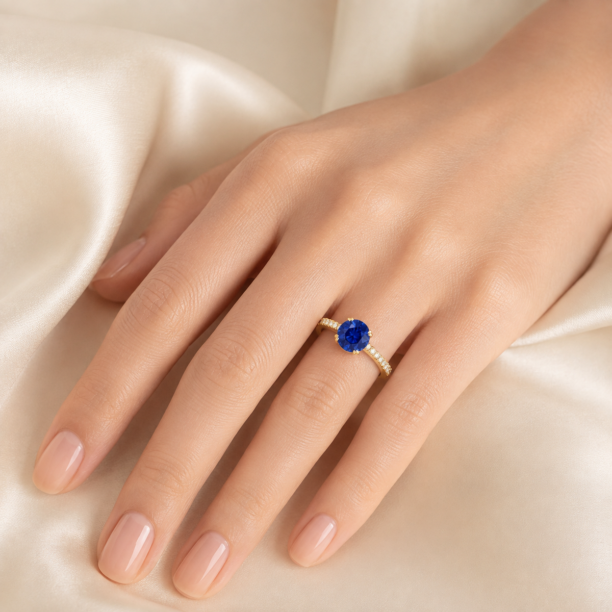 Soli Blue Sapphire Round & Diamond Pavé Ring in Gold