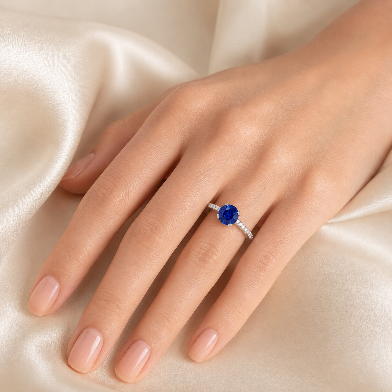 Soli Blue Sapphire Round & Diamond Pavé Ring in White Gold