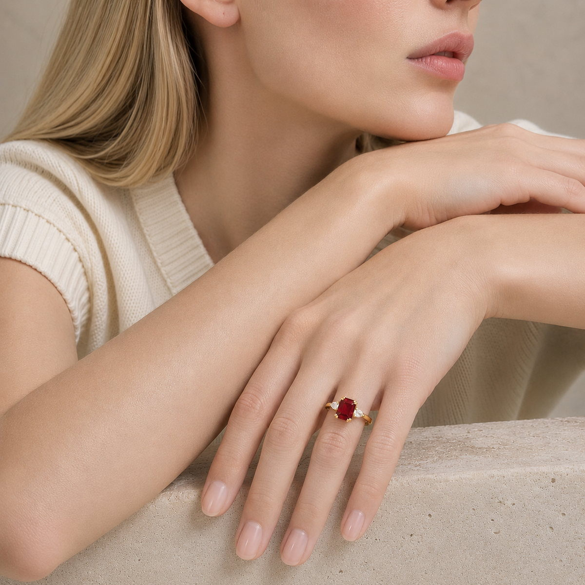 Ailes Ruby Emerald-Cut Ring with Pear Side Diamonds in Gold