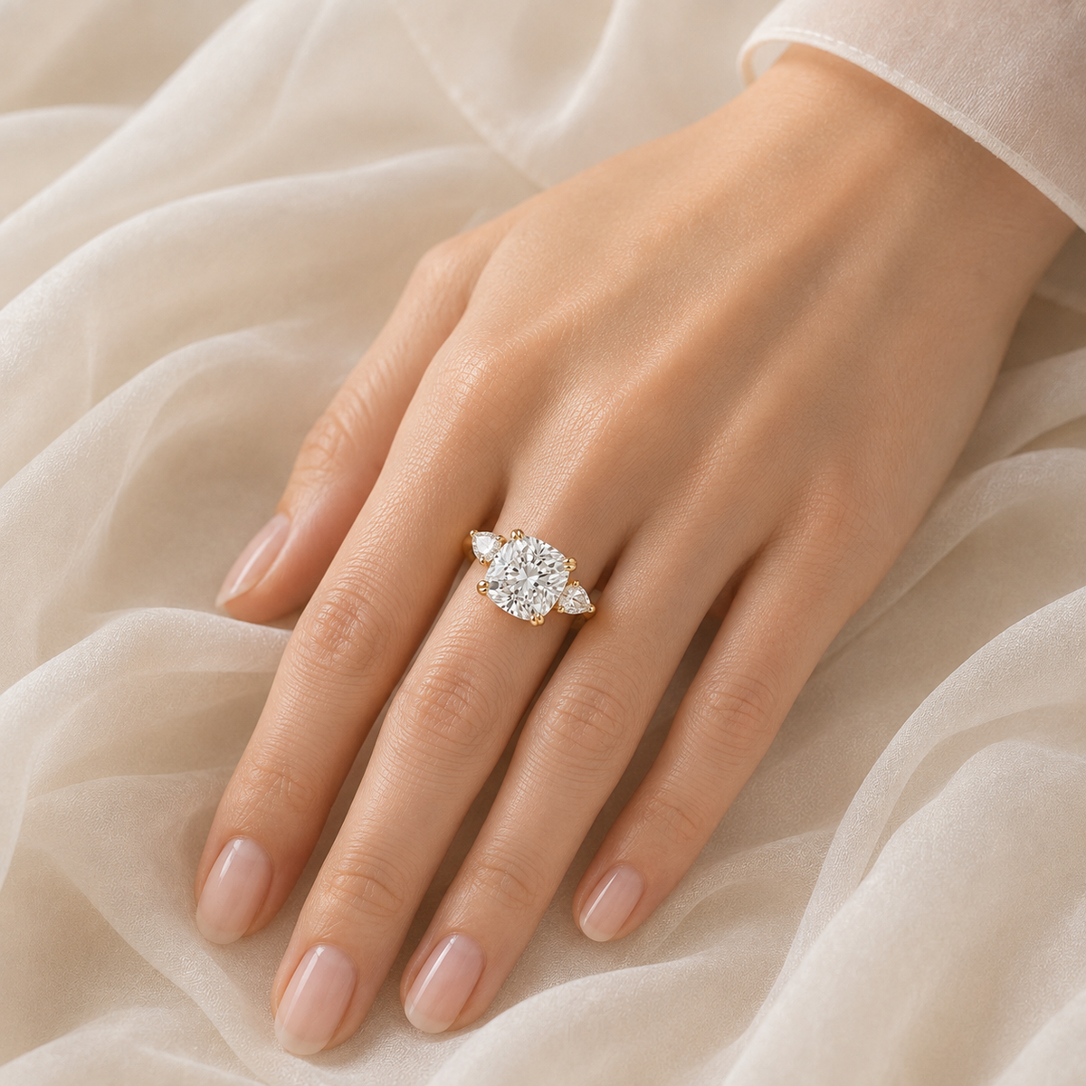 Roue Diamond Cushion Cut & Pear Cut Gold Ring