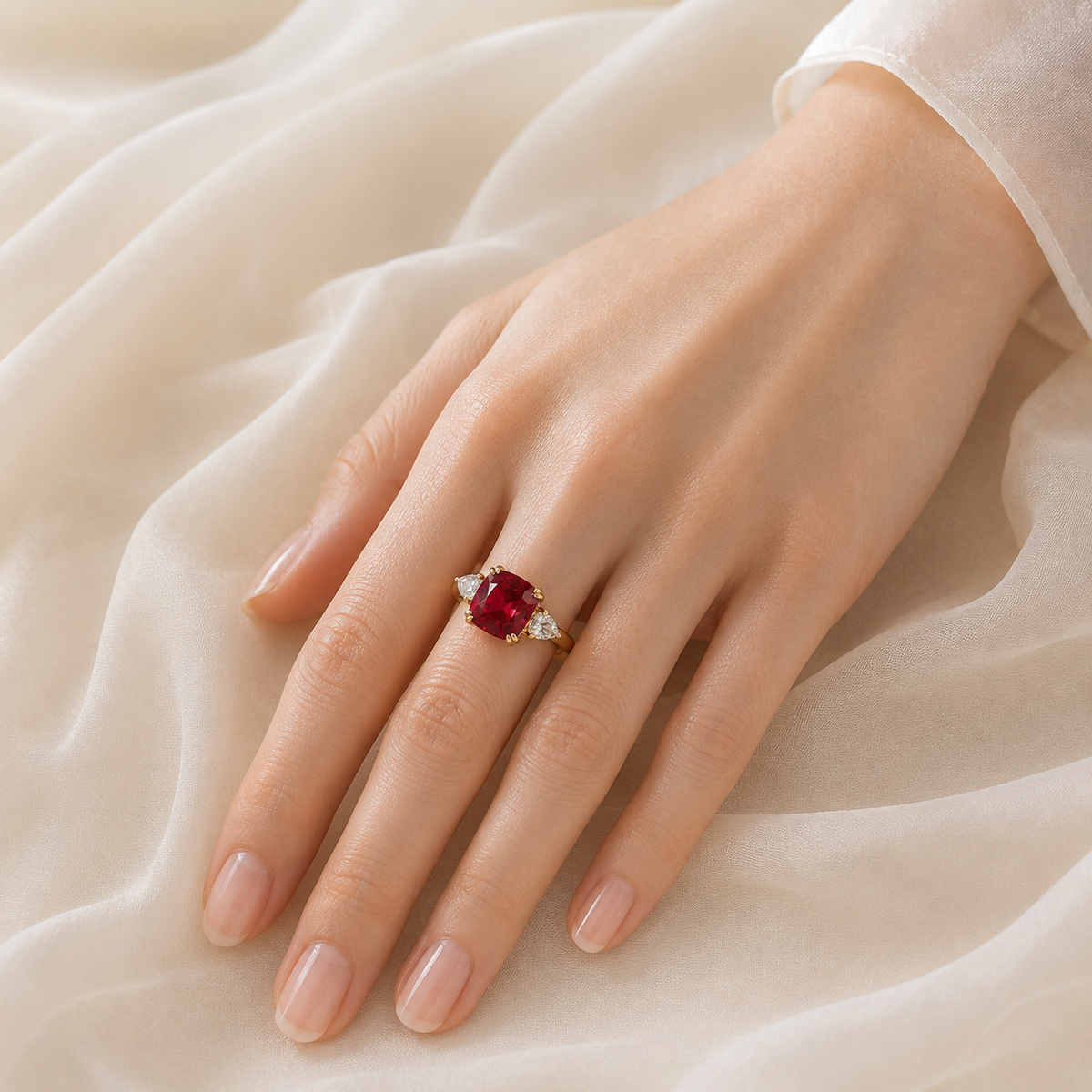 Roue Ruby Cushion Cut & Diamond Pear Cut Gold Ring