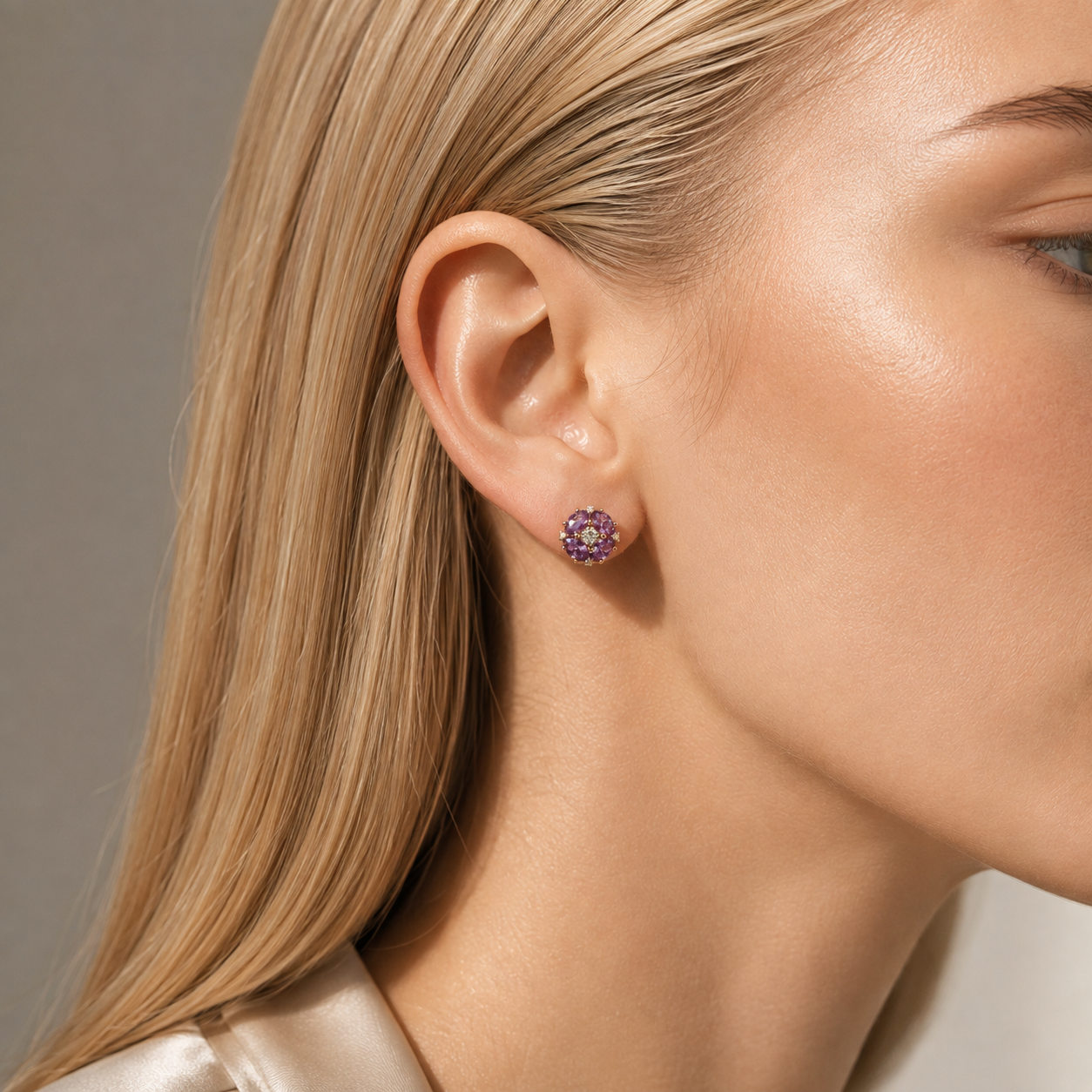 Pristi Oval Purple Sapphire & Diamond Cluster Earrings in Gold