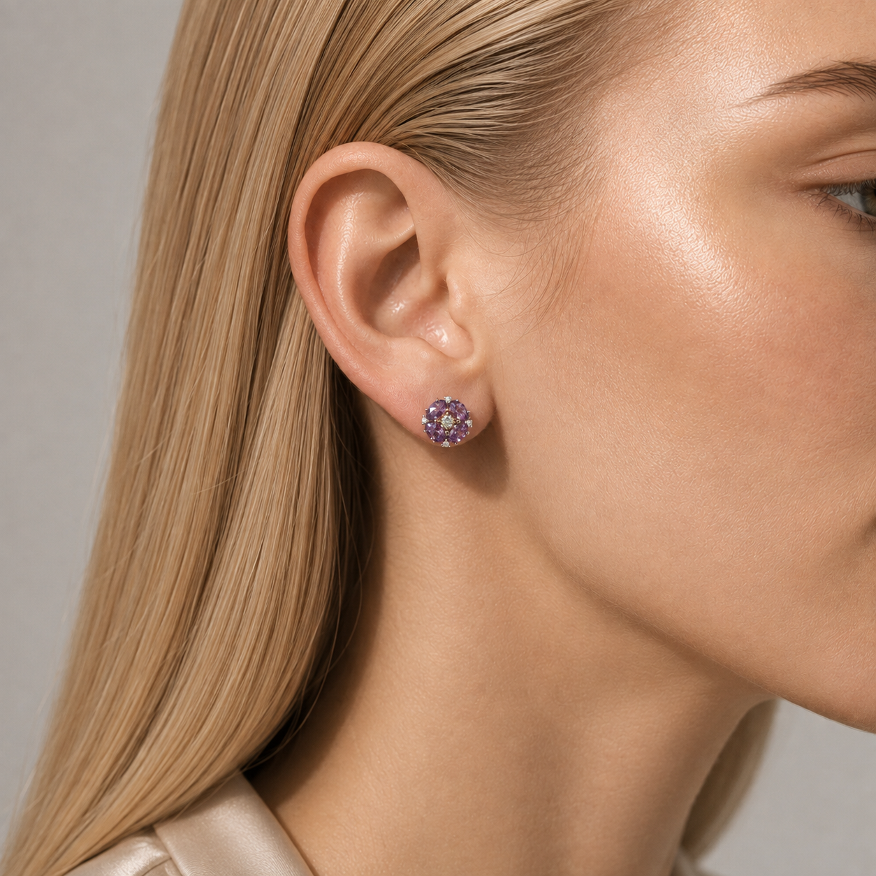 Pristi Oval Purple Sapphire & Diamond Cluster Earrings in White Gold