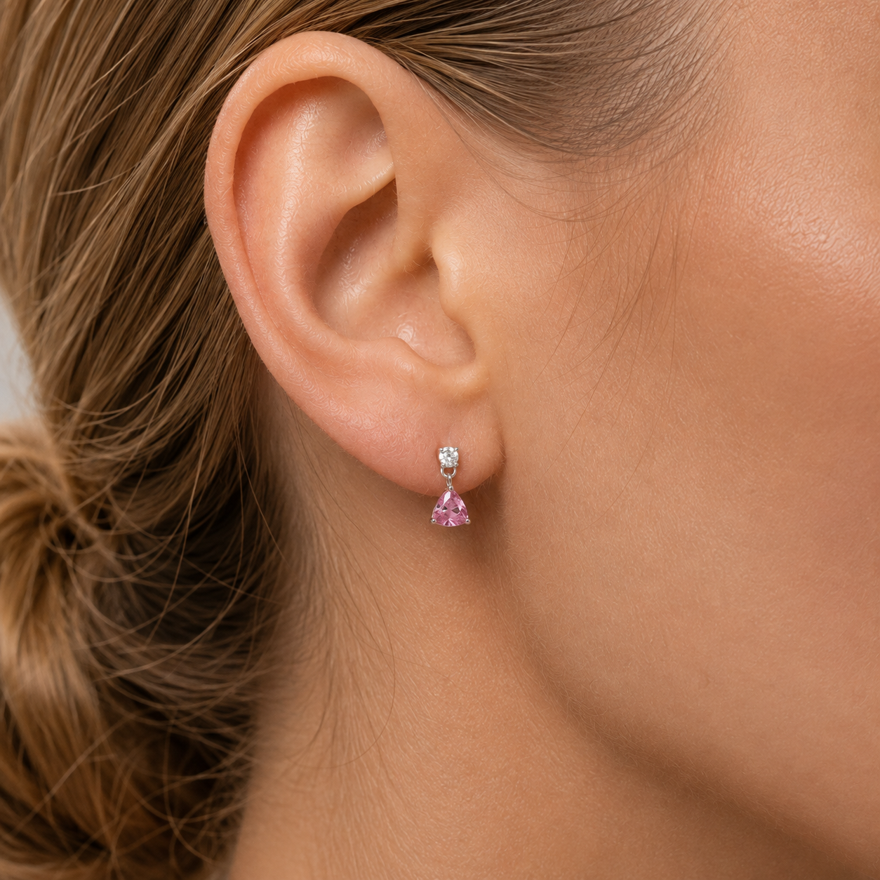 Trillion Pink Sapphire & Diamond Drop Earrings in White Gold