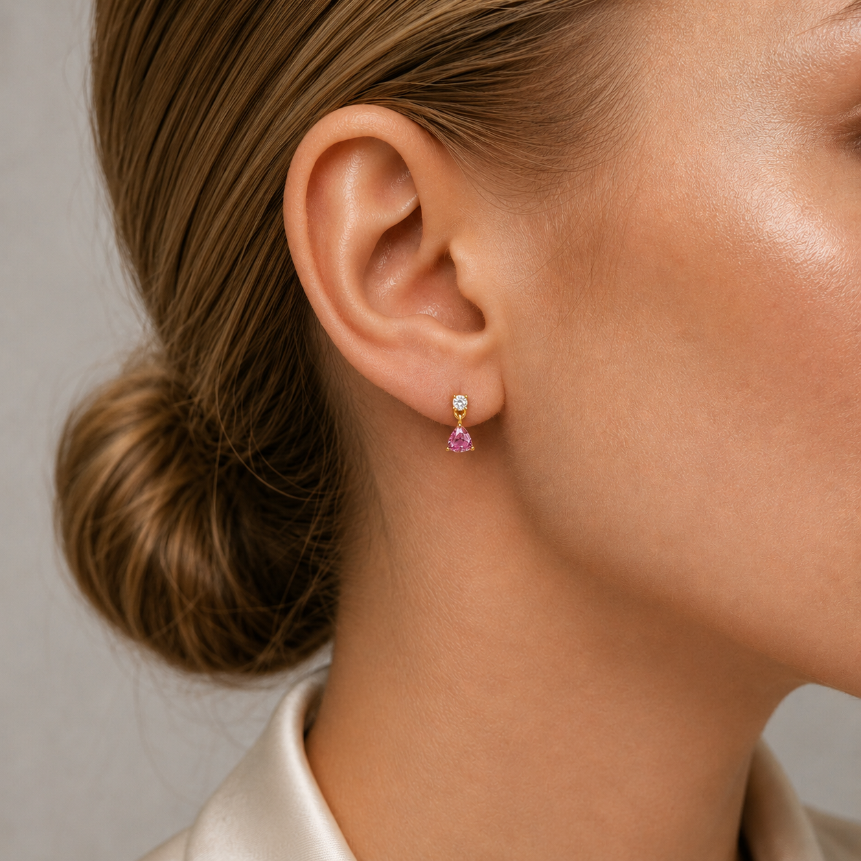 Trillion Pink Sapphire & Diamond Drop Earrings in Gold