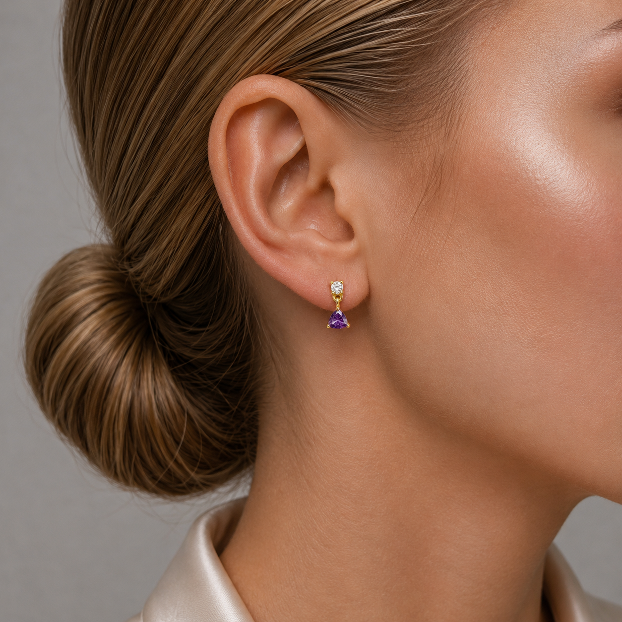 Trillion Purple Sapphire & Diamond Drop Earrings in Gold