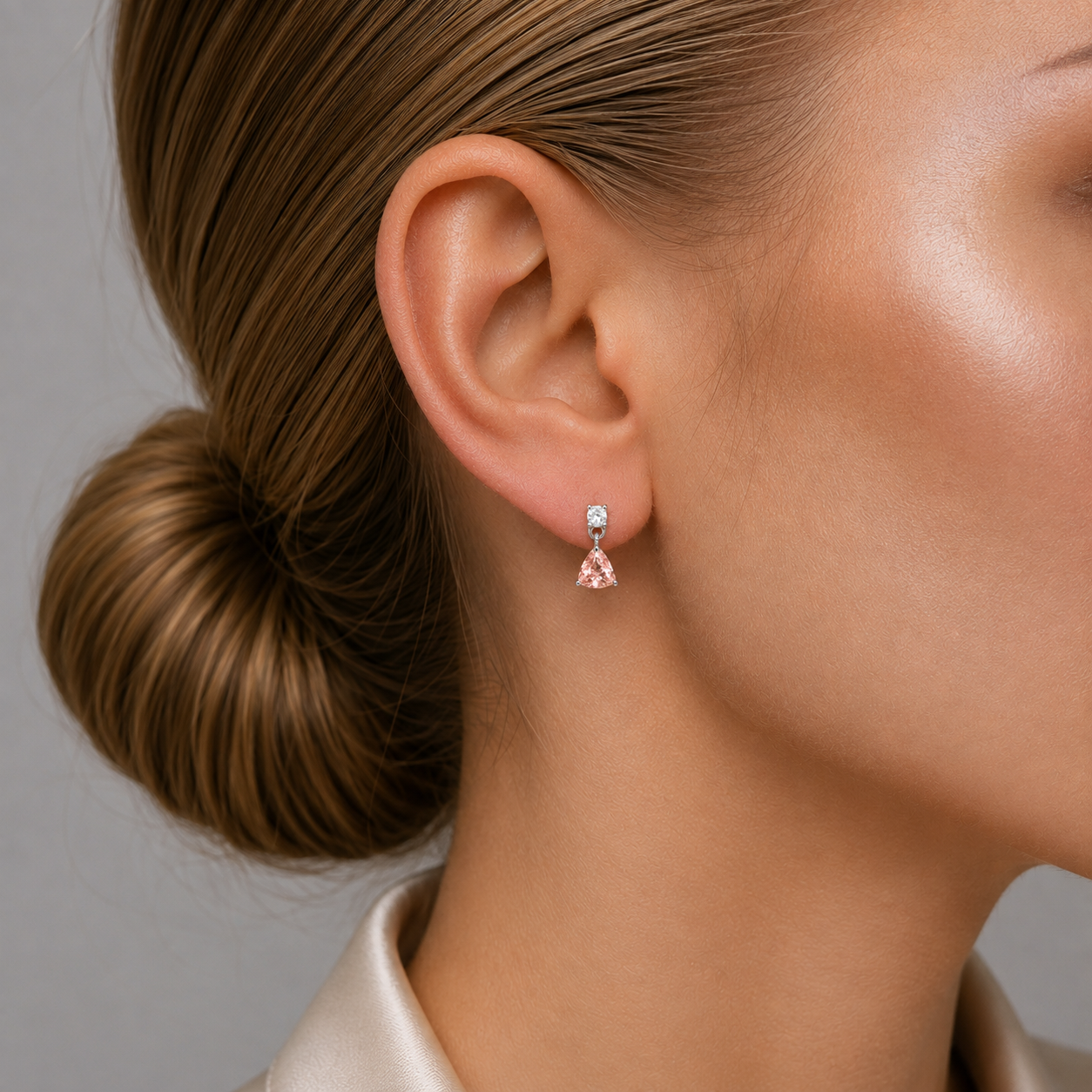 Trillion Padparadscha Sapphire & Diamond Drop Earrings in White Gold