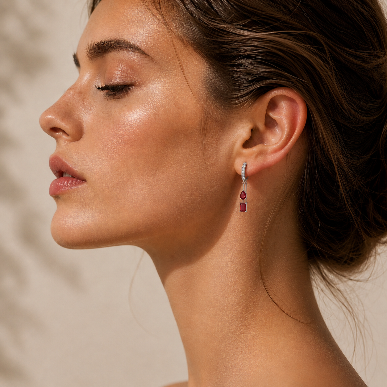 Faire Ruby & Diamond Pavé Drop Huggie Hoop Earrings in White Gold