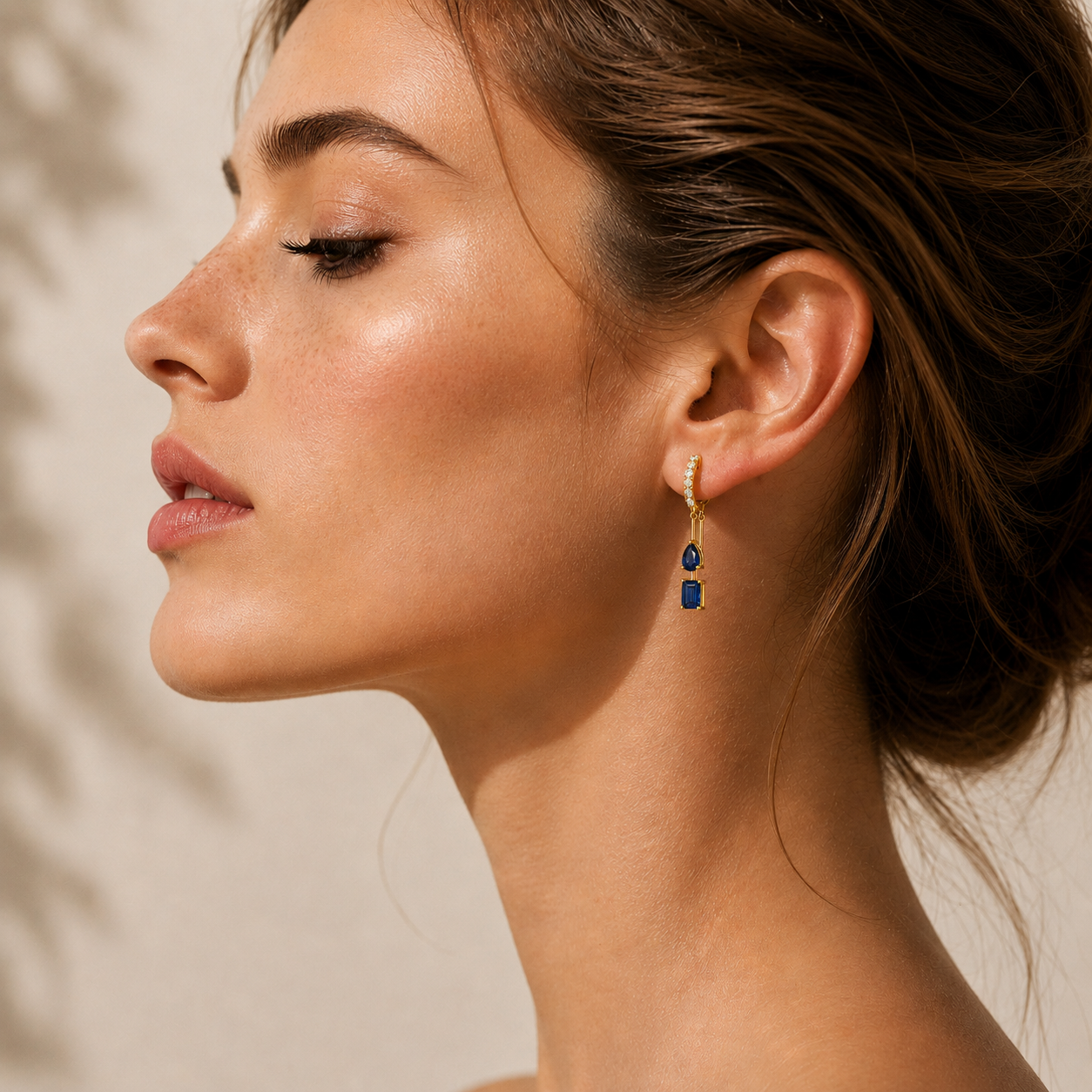 Faire Blue Sapphire & Diamond Pavé Drop Huggie Hoop Earrings in Gold