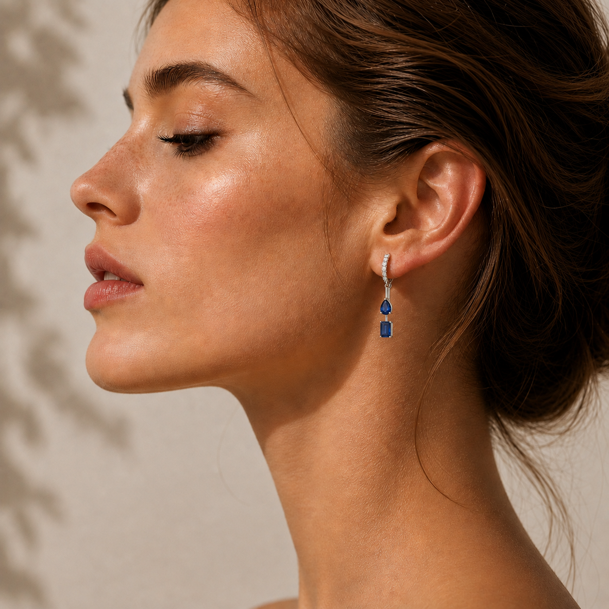 Faire Blue Sapphire & Diamond Pavé Drop Huggie Hoop Earrings in White Gold