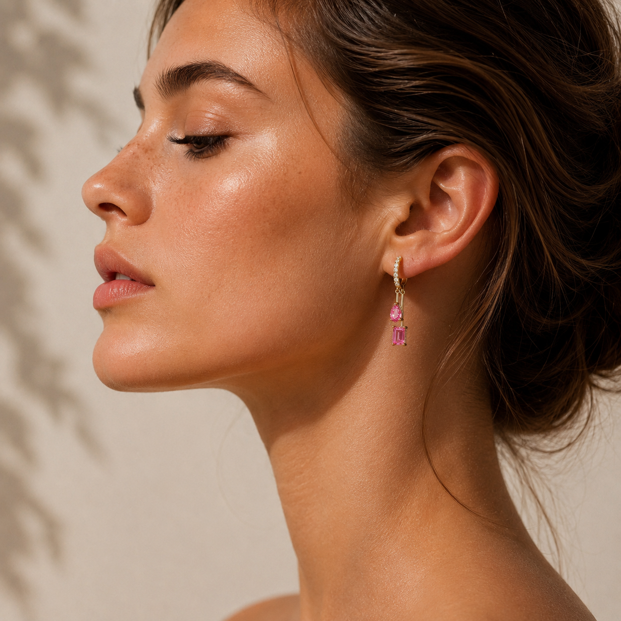 Faire Pink Sapphire & Diamond Pavé Drop Huggie Hoop Earrings in Gold