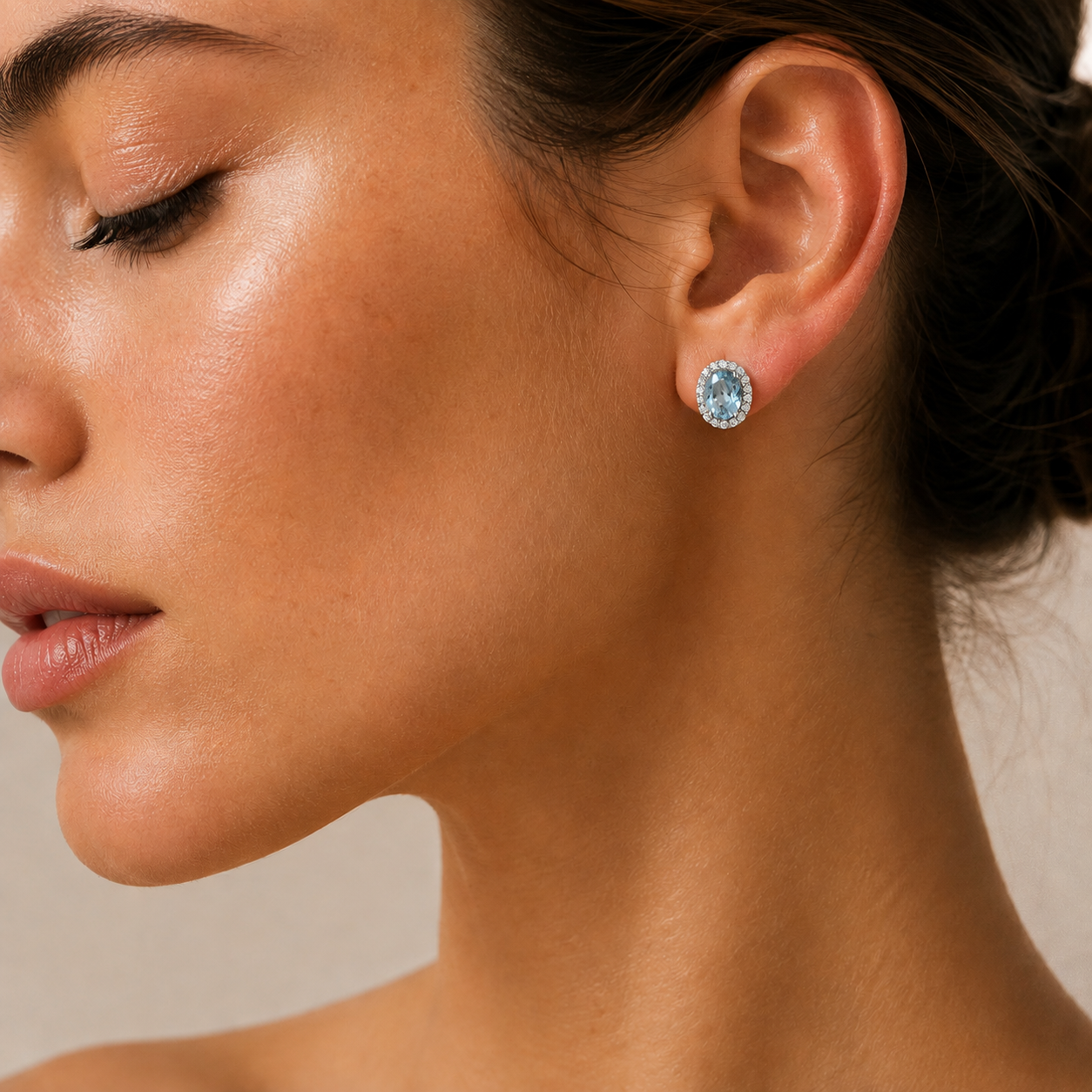 Mina Oval Aquamarine & Diamond Halo Earrings In White Gold
