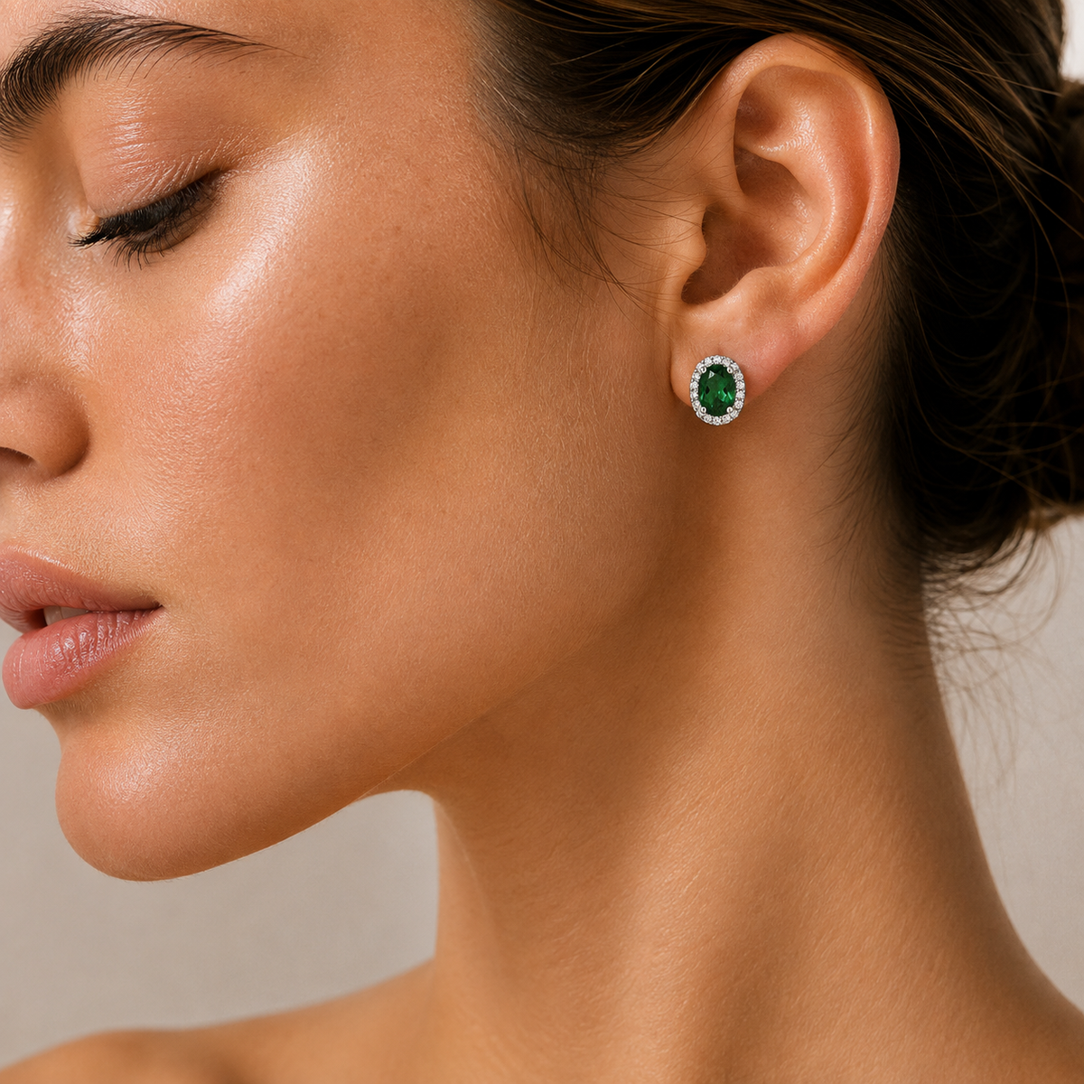 Mina Oval Emerald & Diamond Halo Earrings In White Gold