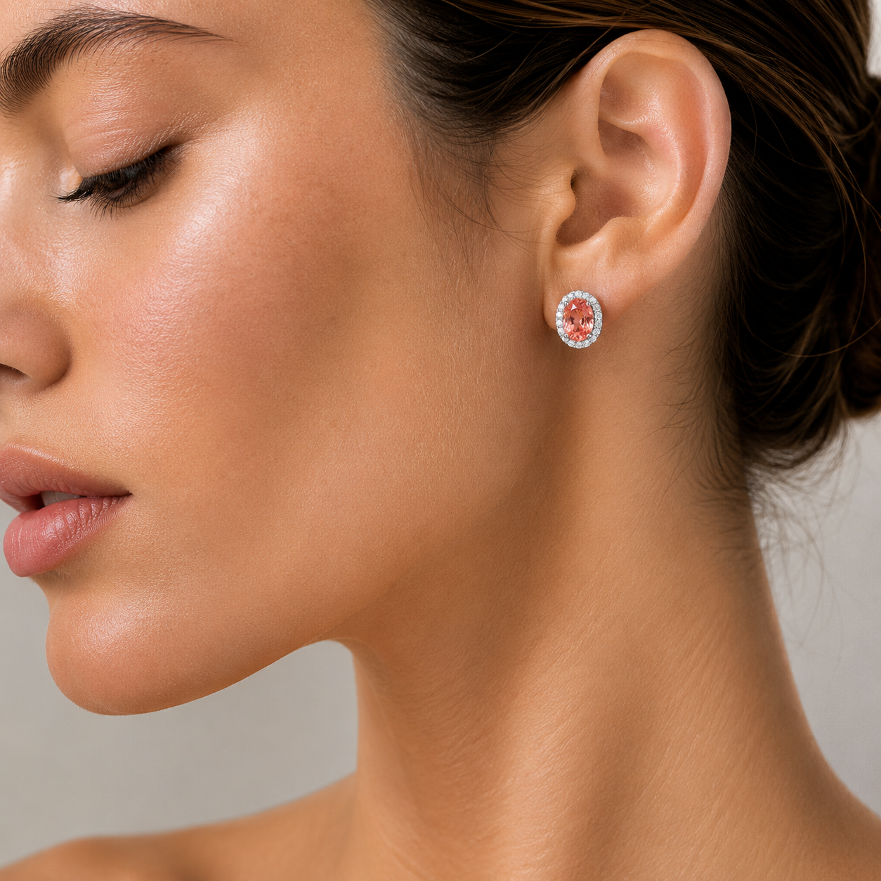 Mina Oval Padparadscha Sapphire & Diamond Halo Earrings In White Gold