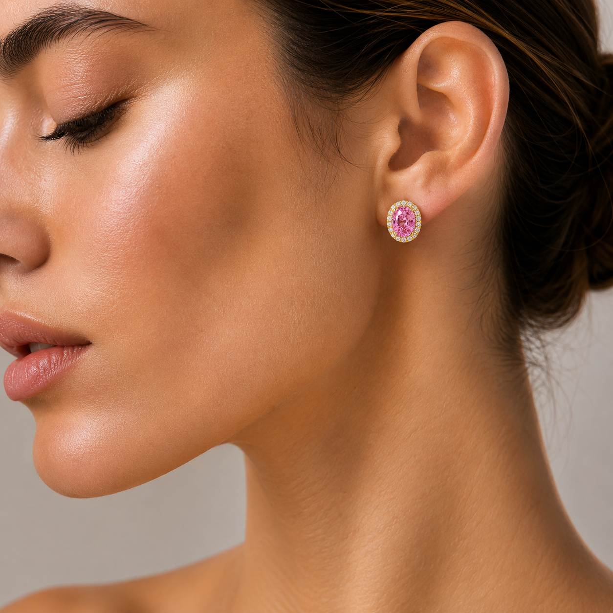 Mina Oval Pink Sapphire & Diamond Halo Earrings In Gold