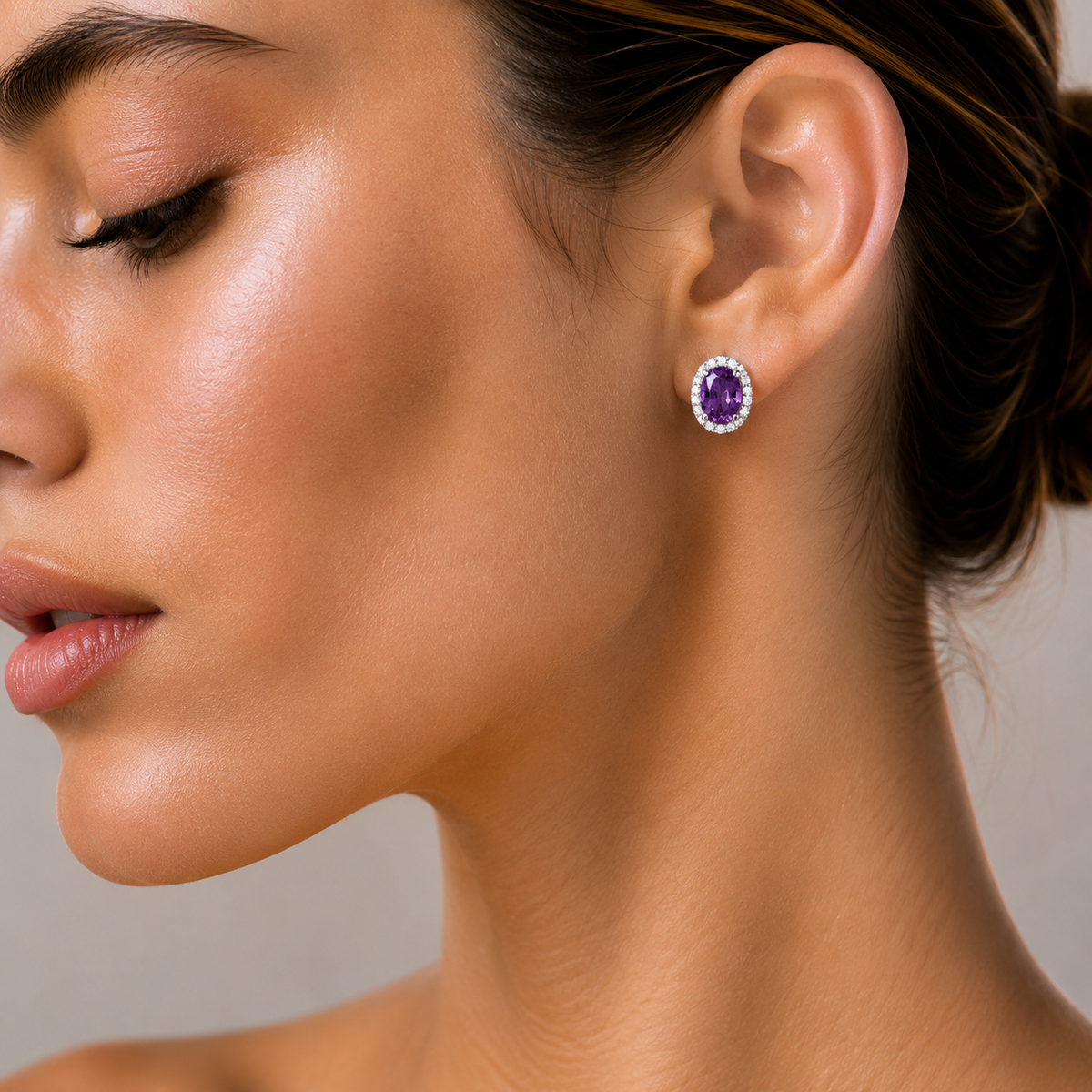 Mina Oval Purple Sapphire & Diamond Halo Earrings In White Gold