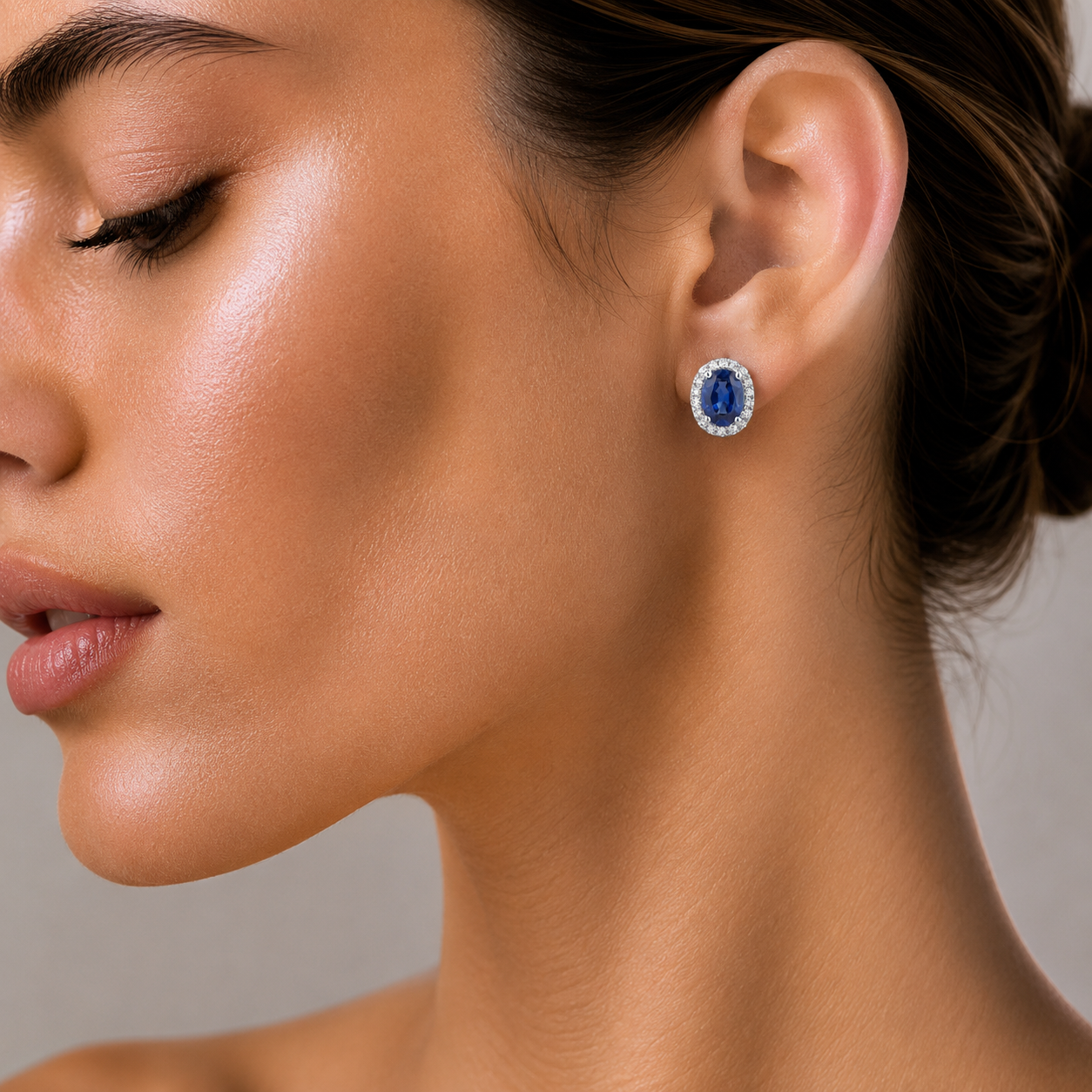 Mina Oval Blue Sapphire & Diamond Halo Earrings In White Gold