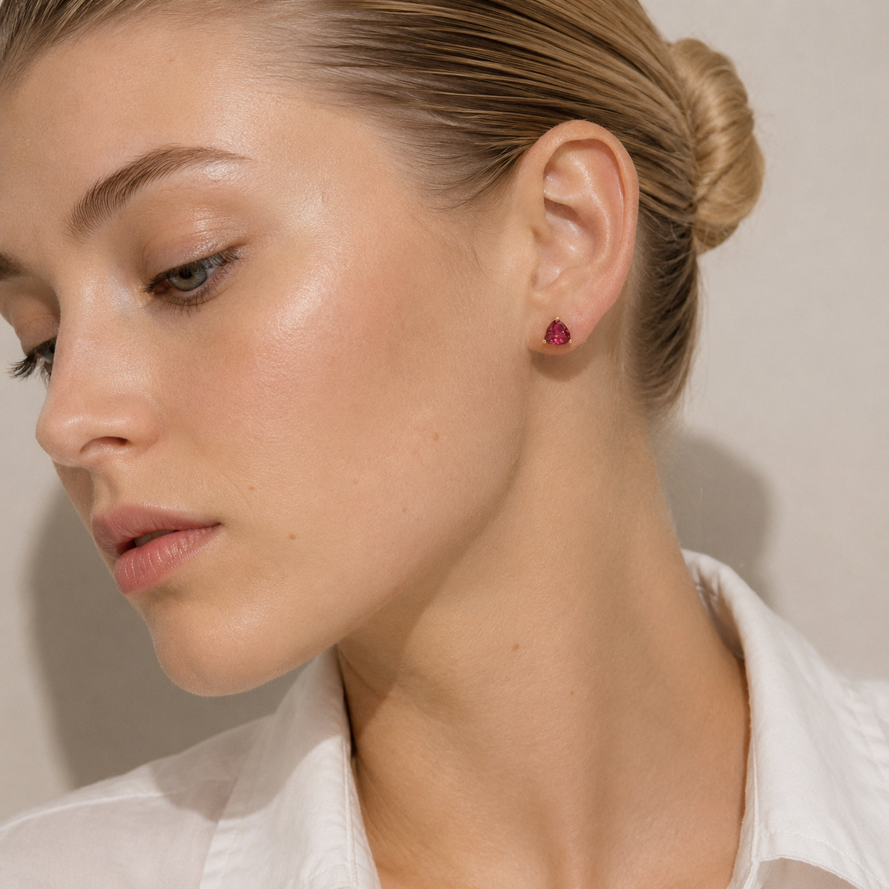 Trillion Ruby Solitaire Stud Earrings in Gold