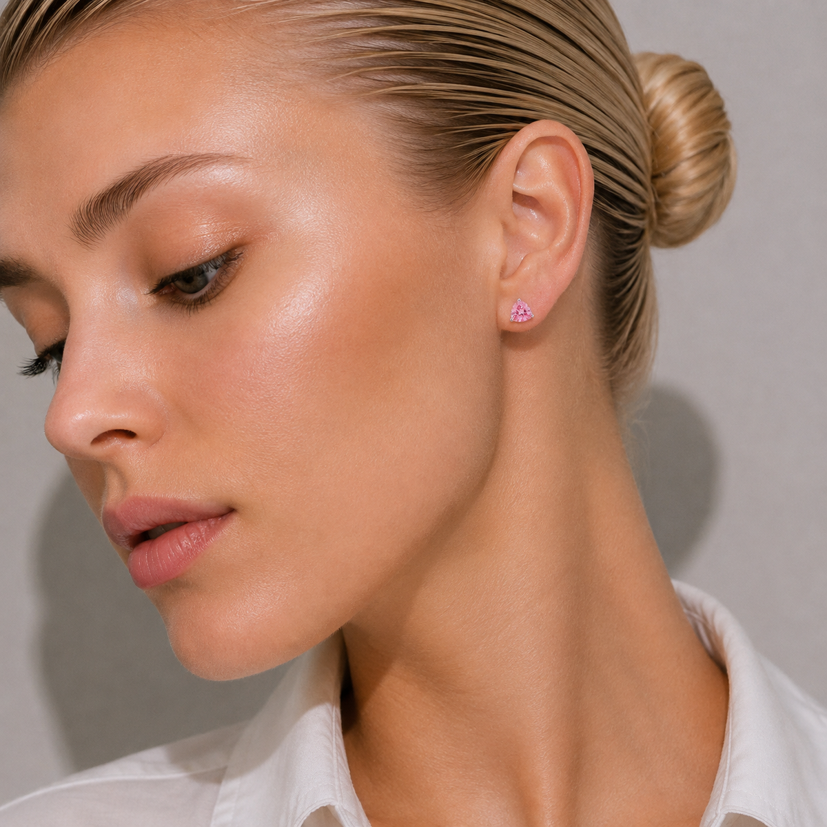 Trillion Pink Sapphire Solitaire Stud Earrings in White Gold