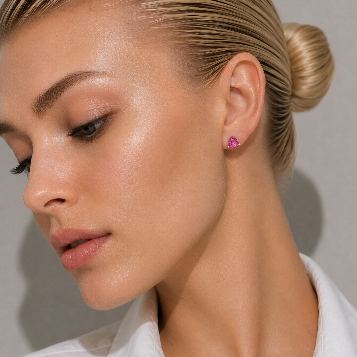 Trillion Vivid Pink Sapphire Solitaire Stud Earrings in White Gold