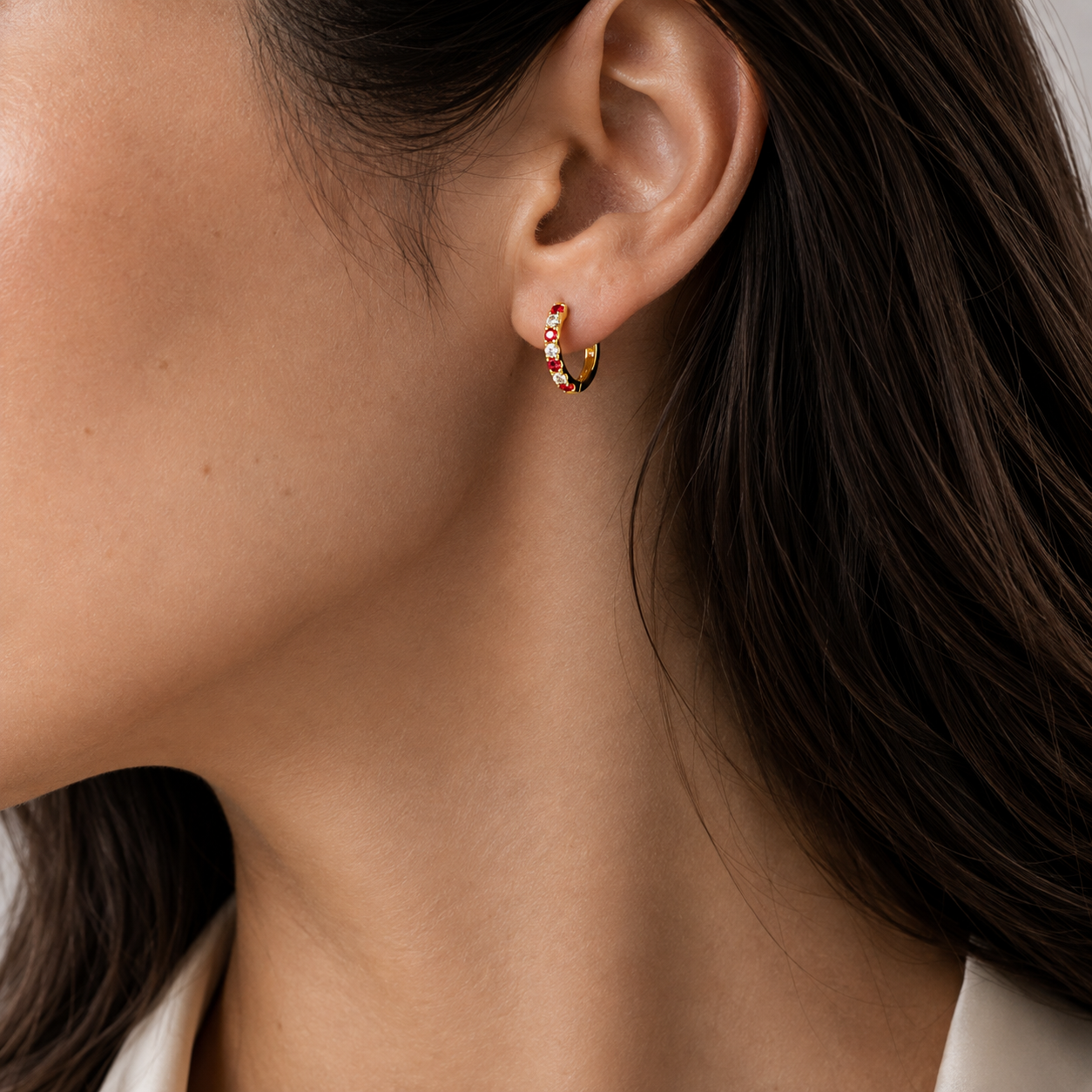 Stacy Ruby & Diamond Huggie Hoop Earrings in Gold