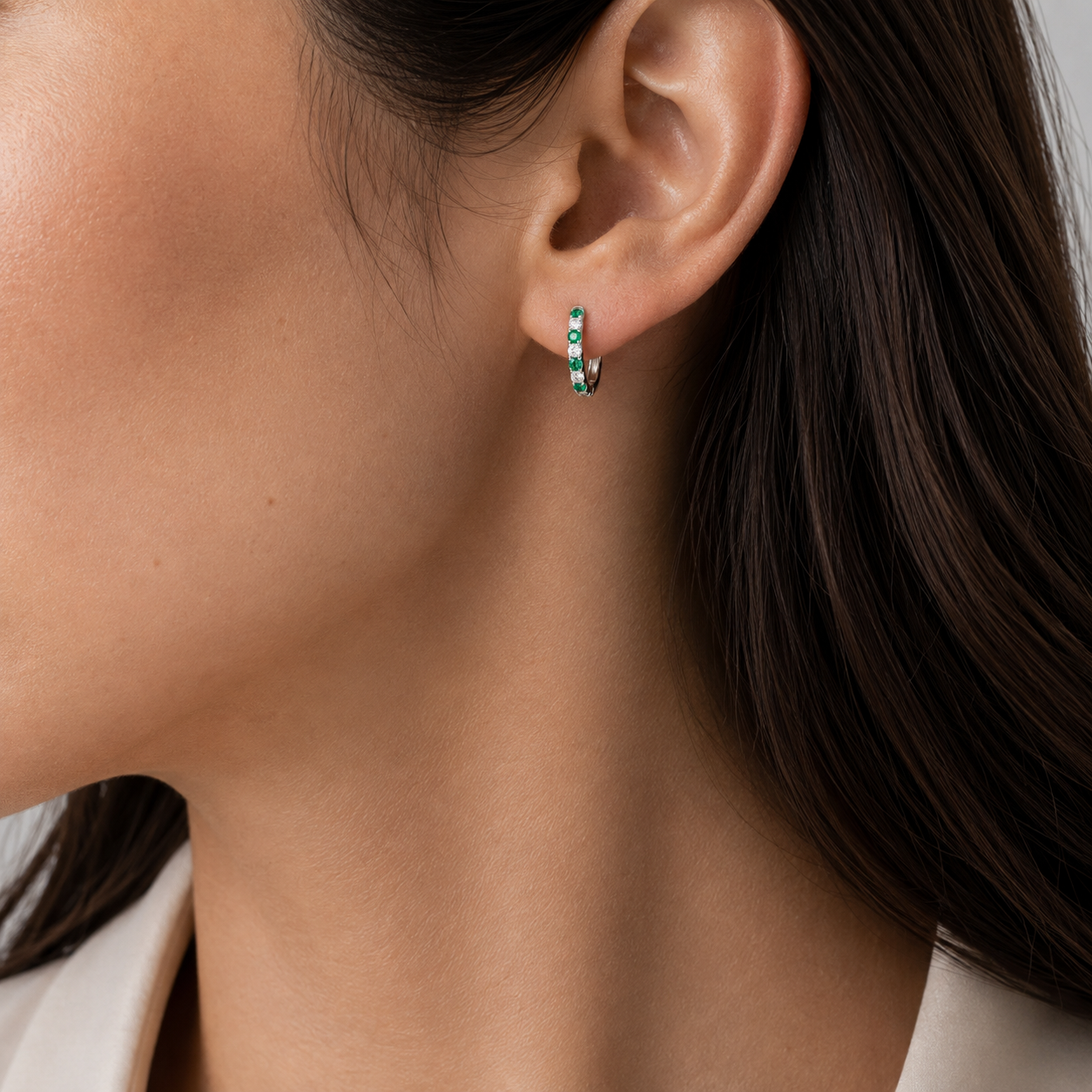 Stacy Emerald & Diamond Huggie Hoop Earrings in White Gold