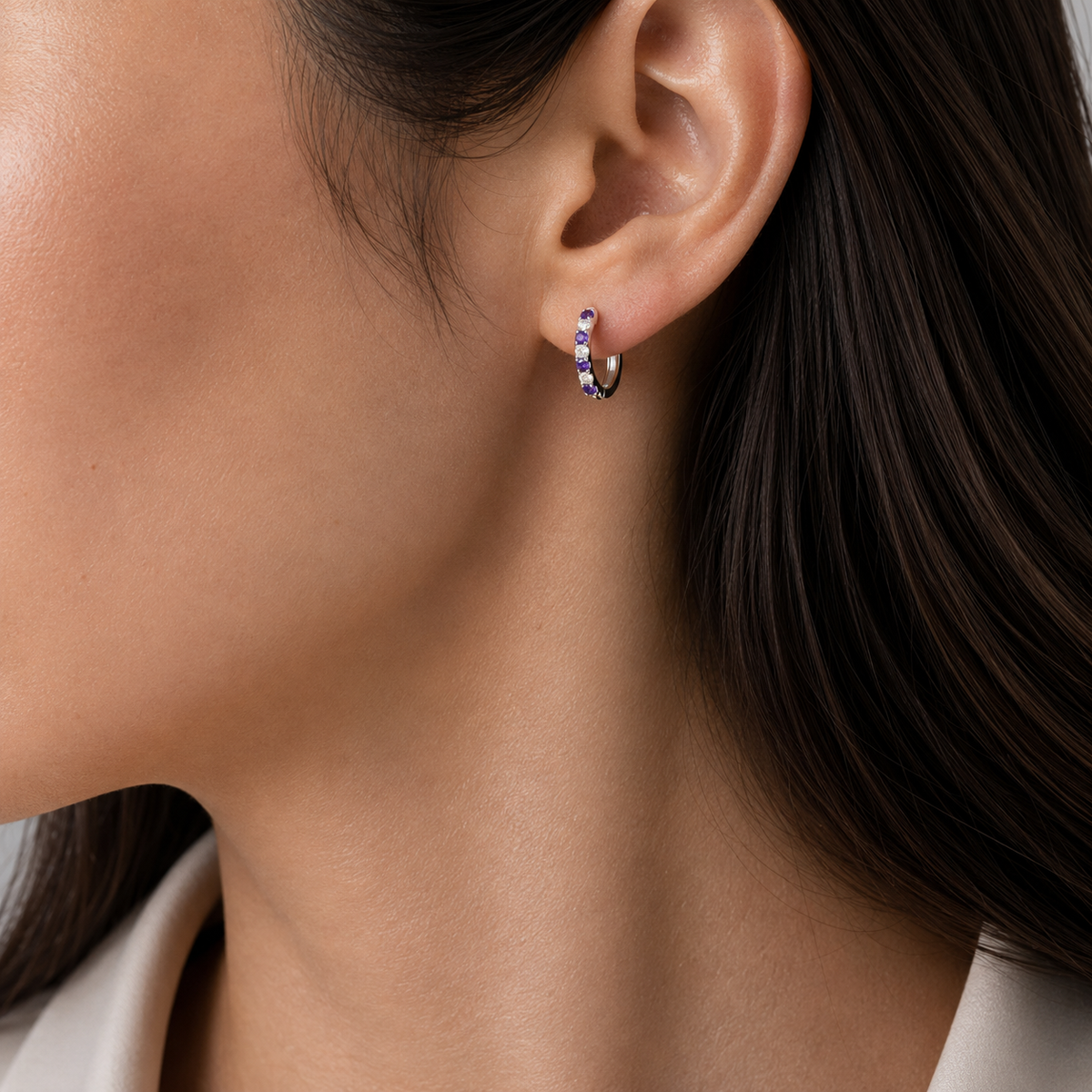 Stacy Purple Sapphire & Diamond Huggie Hoop Earrings in White Gold