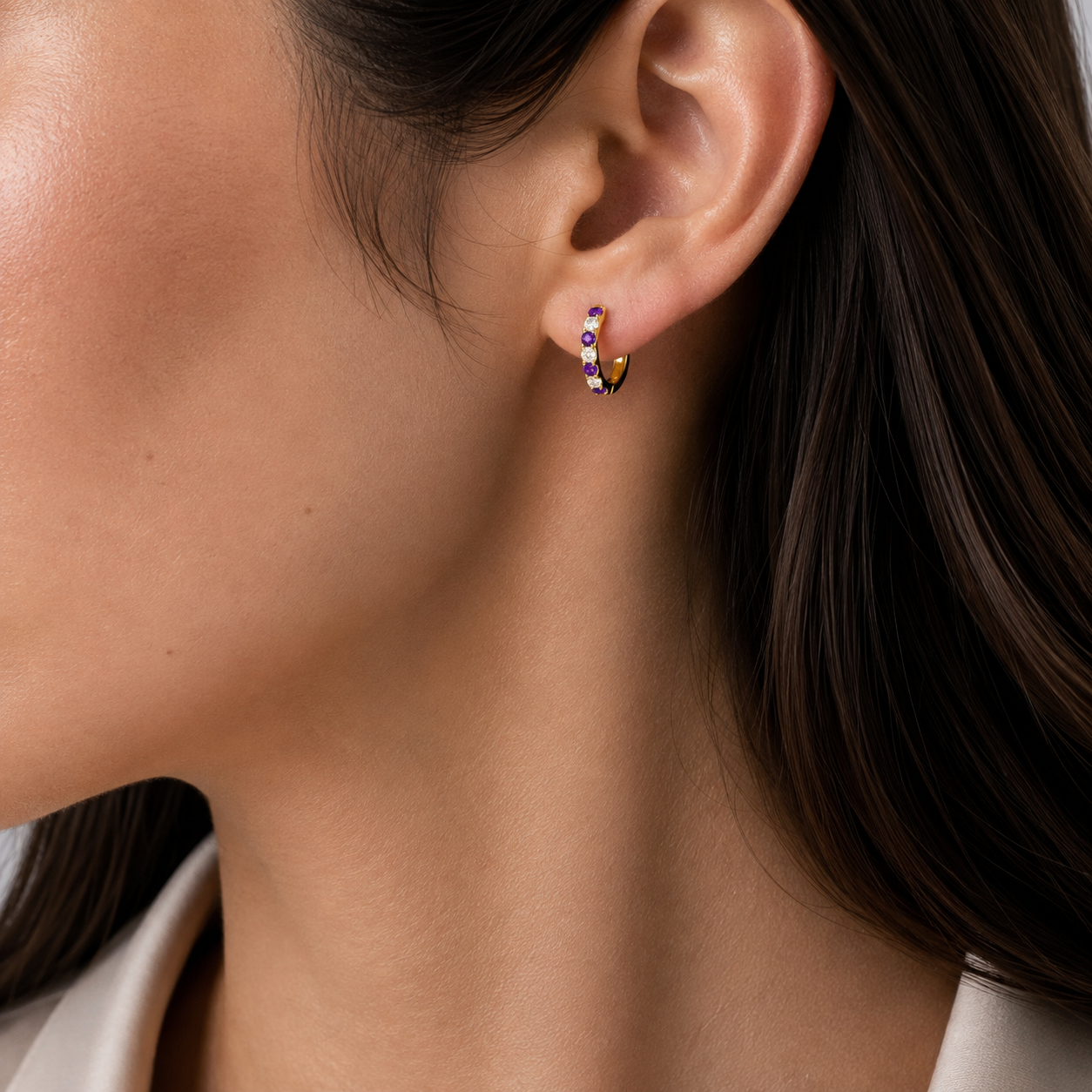 Stacy Purple Sapphire & Diamond Huggie Hoop Earrings in Gold