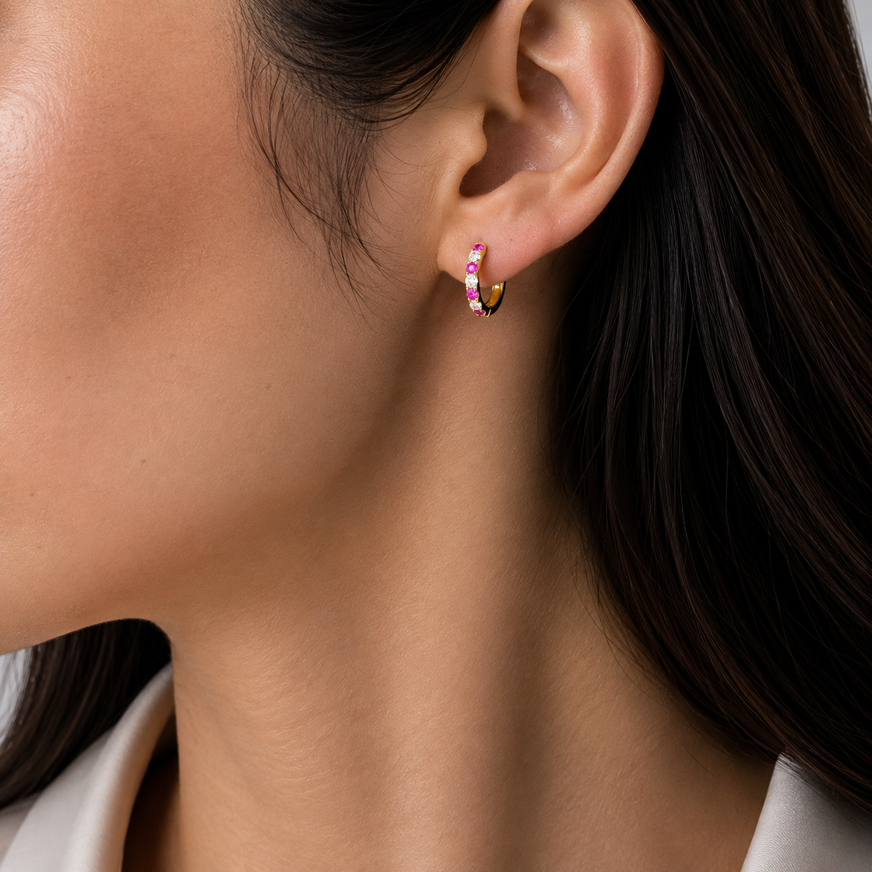 Stacy Vivid Pink Sapphire & Diamond Huggie Hoop Earrings in Gold