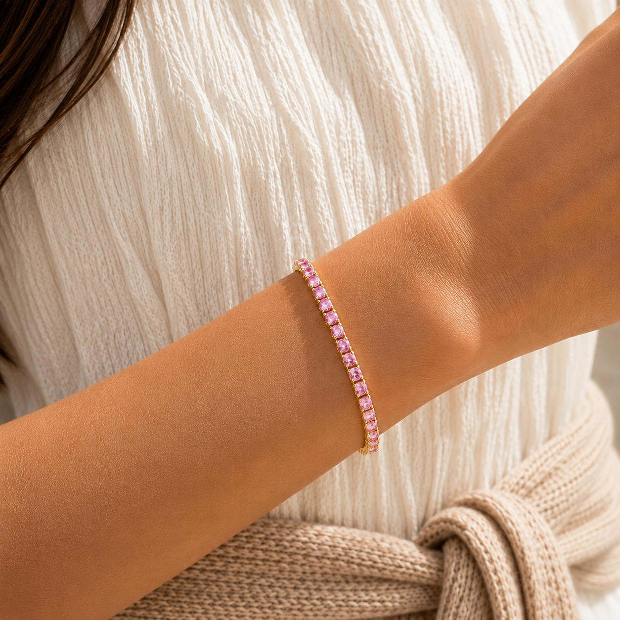 Stacy Pink Sapphire Round Tennis Bracelet in Gold