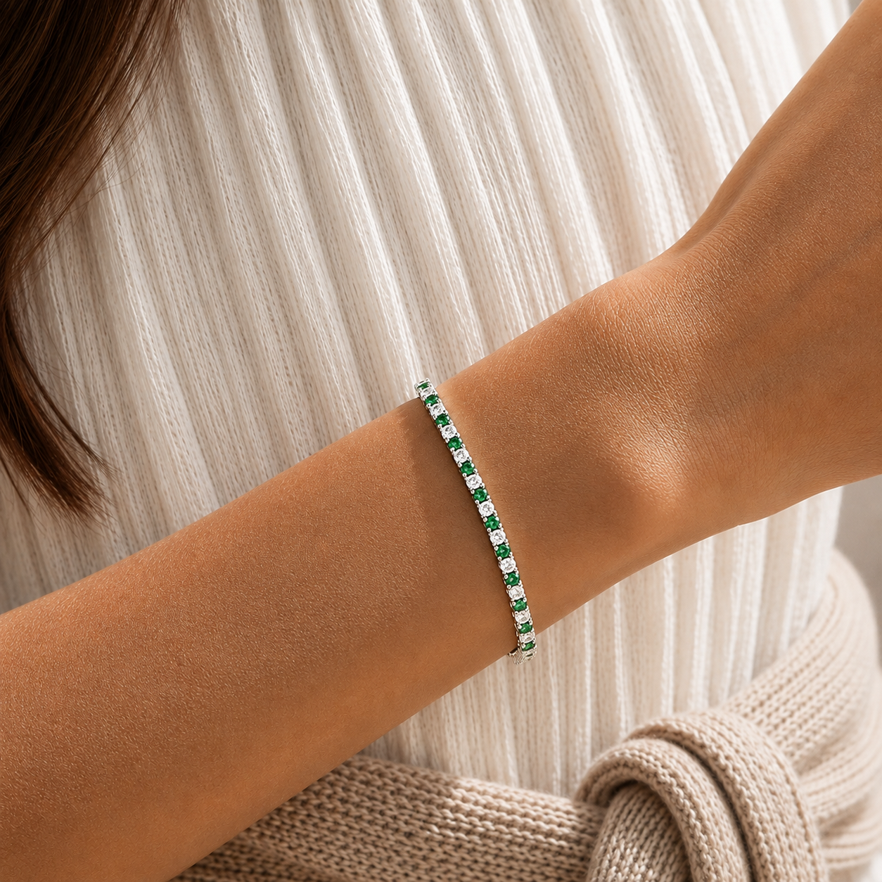 Stacy Emerald & Diamond Round Tennis Bracelet in White Gold