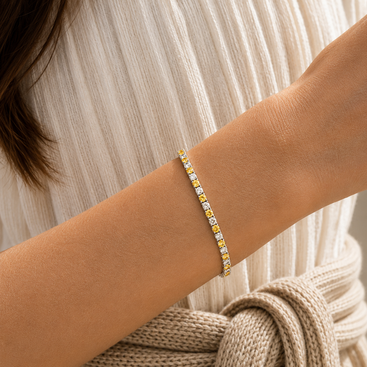 Stacy Yellow Sapphire & Diamond Round Tennis Bracelet in White Gold