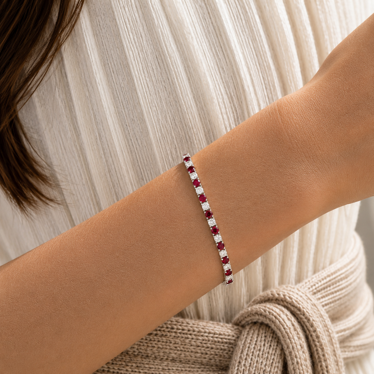 Stacy Ruby & Diamond Round Tennis Bracelet in White Gold